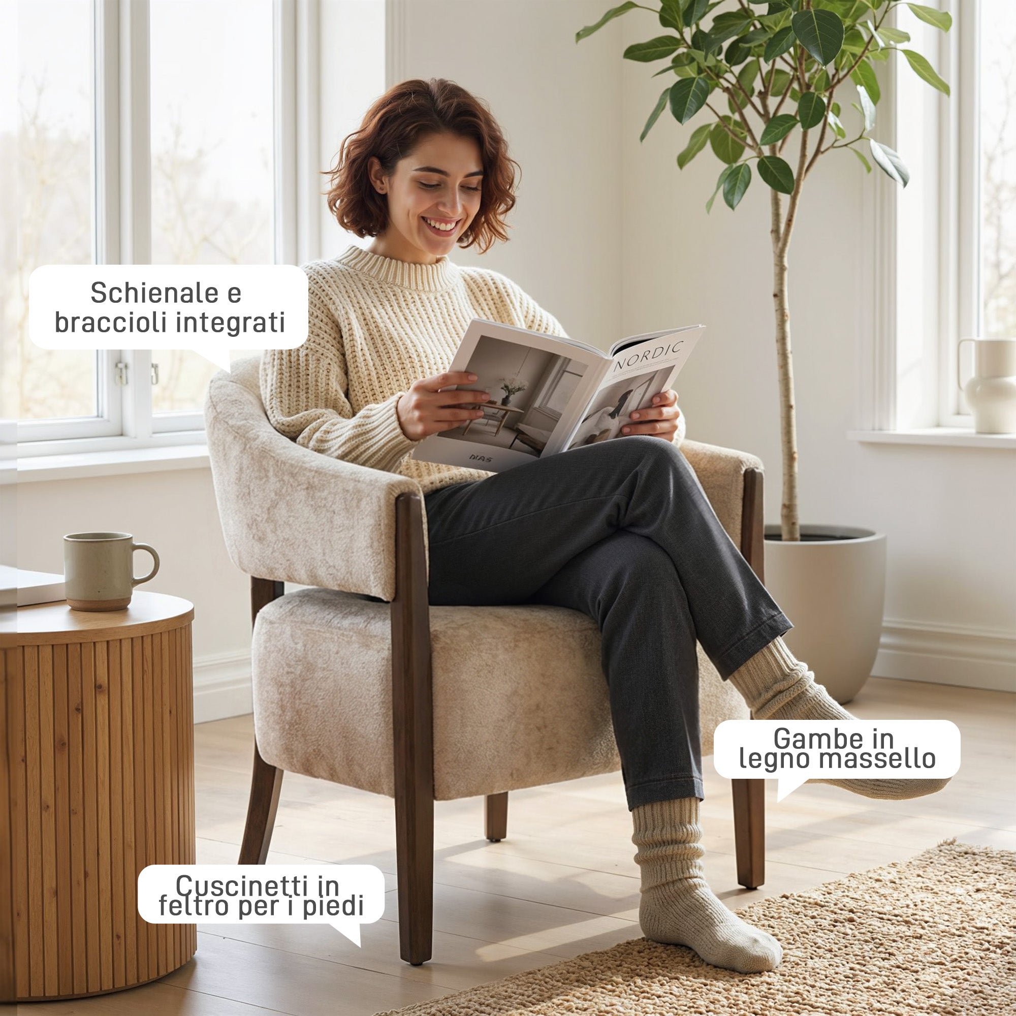 Chenille Upholstered Bedroom Armchair with Solid Wood Frame and Legs, Beige