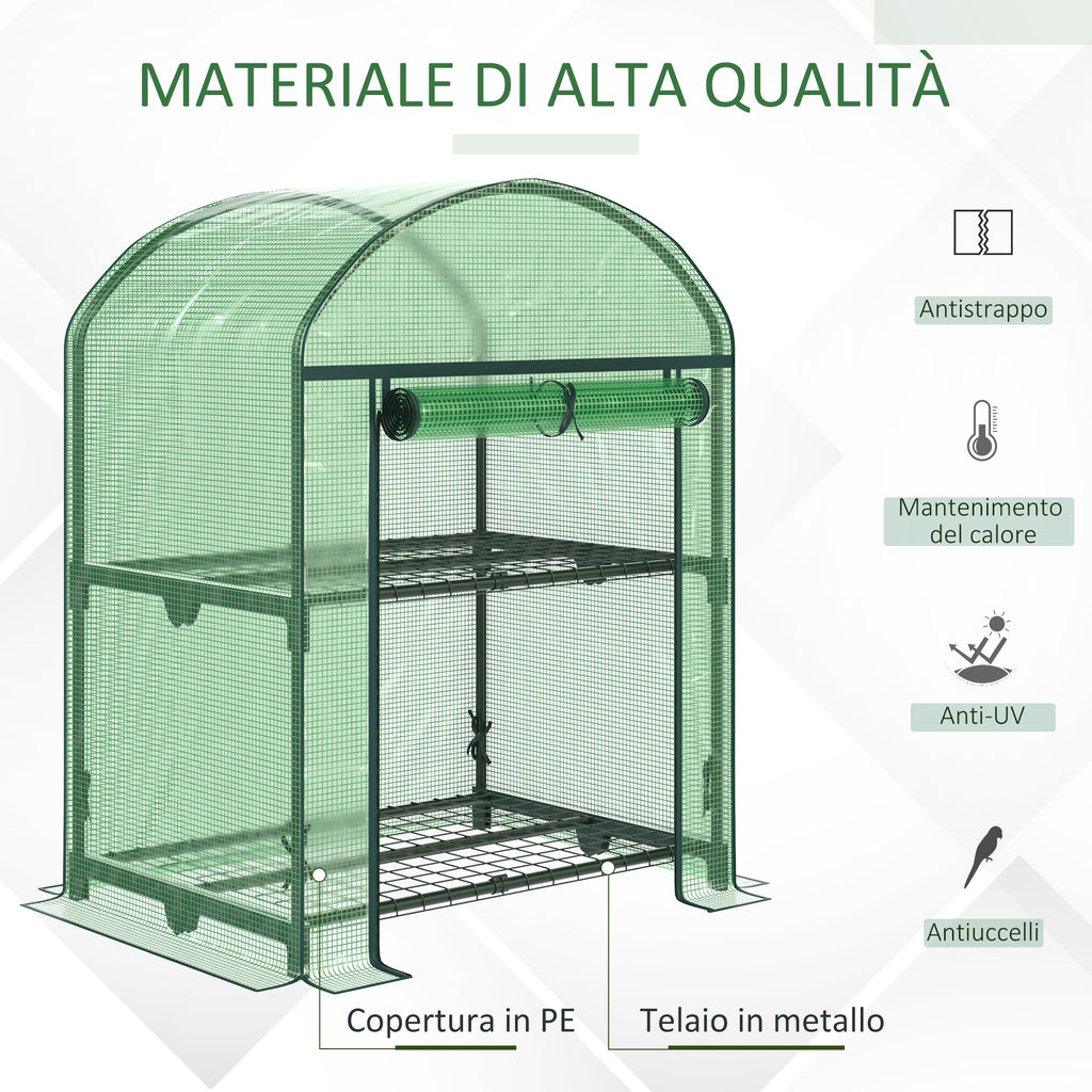 Outsunny Mini Garden Greenhouse with 2 Metal Shelves and PE Cover, 69x49x92cm, Green