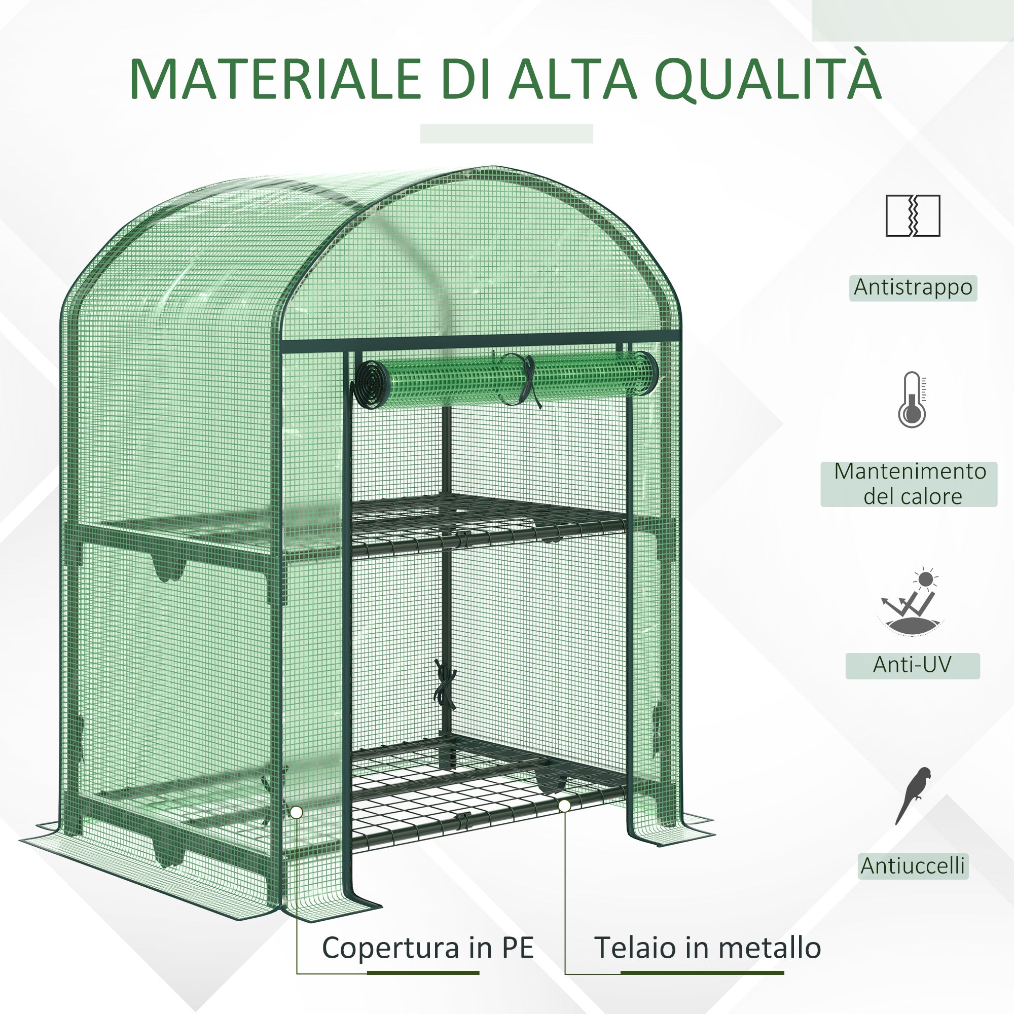 Outsunny Mini Garden Greenhouse with 2 Metal Shelves and PE Cover, 69x49x92cm, Green