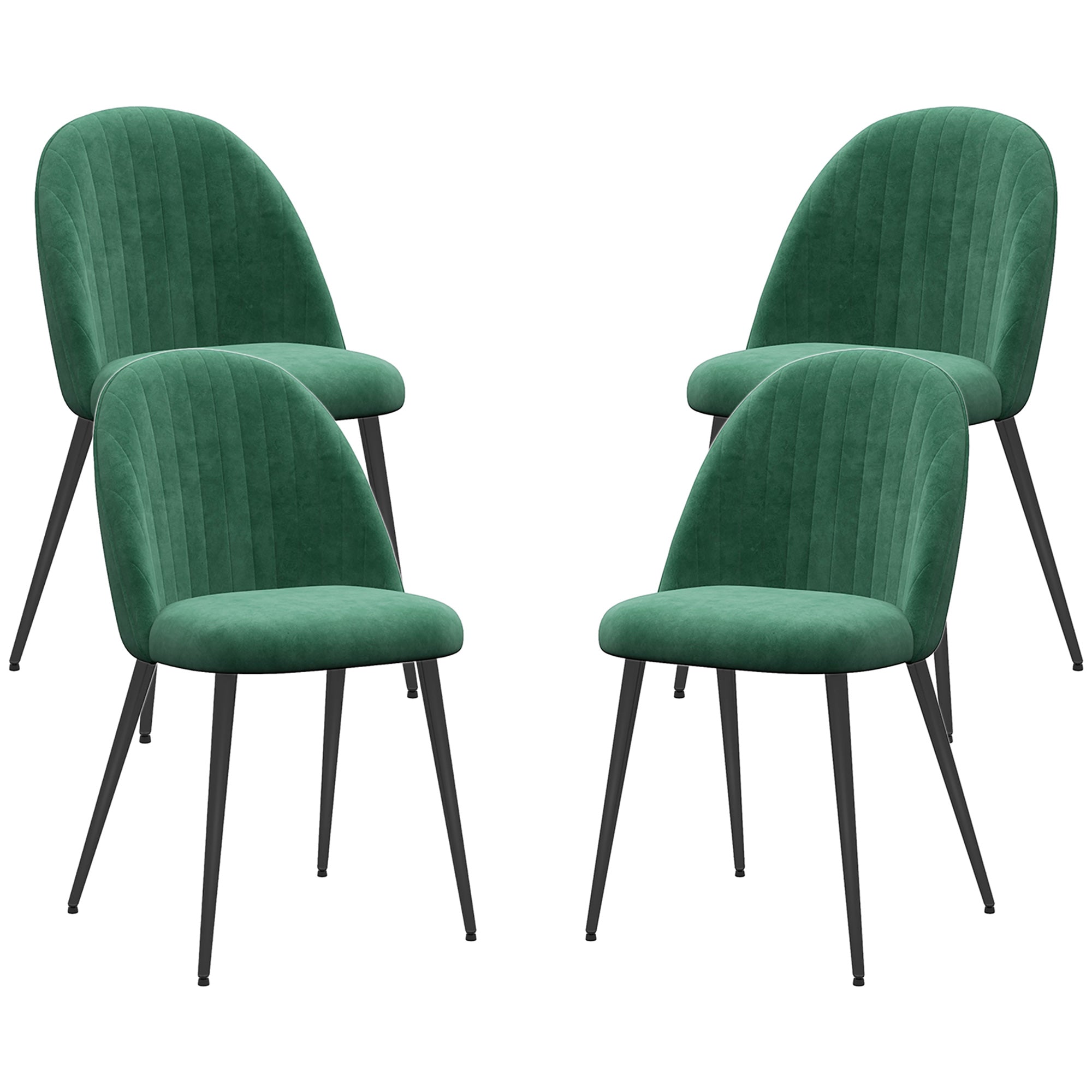 HOMCOM Set of 4 Modern Padded Chairs with Curved Back, in Velvet Effect Fabric and Steel, 50x52x83 cm, Green - Borgè