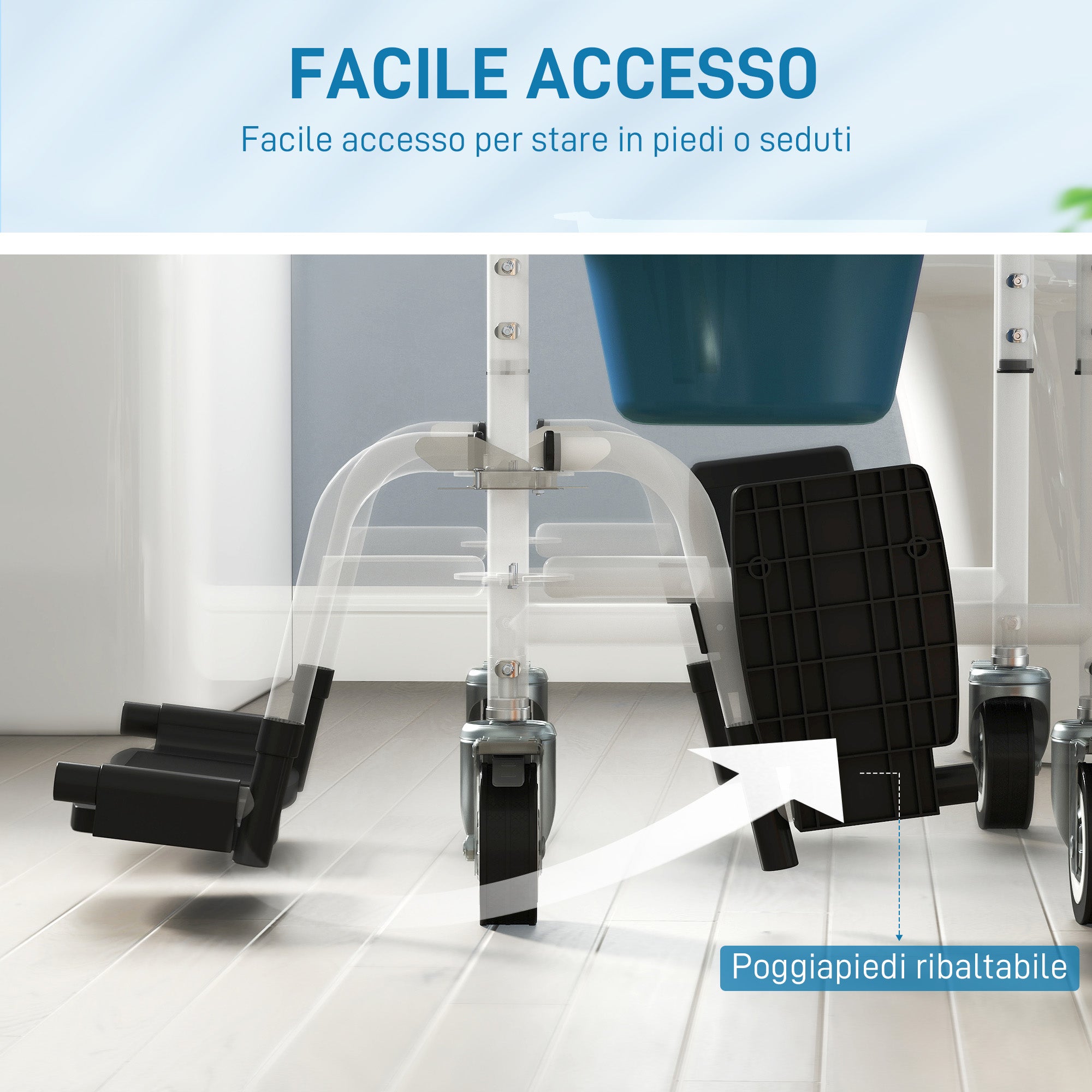 Wheelchair with Waterproof Toilet 4 in 1 with Folding Footrest, in Aluminum and Plastic, Black