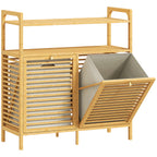 Bamboo and Polyester Laundry Hamper with 2 x 41L Baskets and 2 Shelves, 82 x 33 x 88 cm, Wood and Cream Color