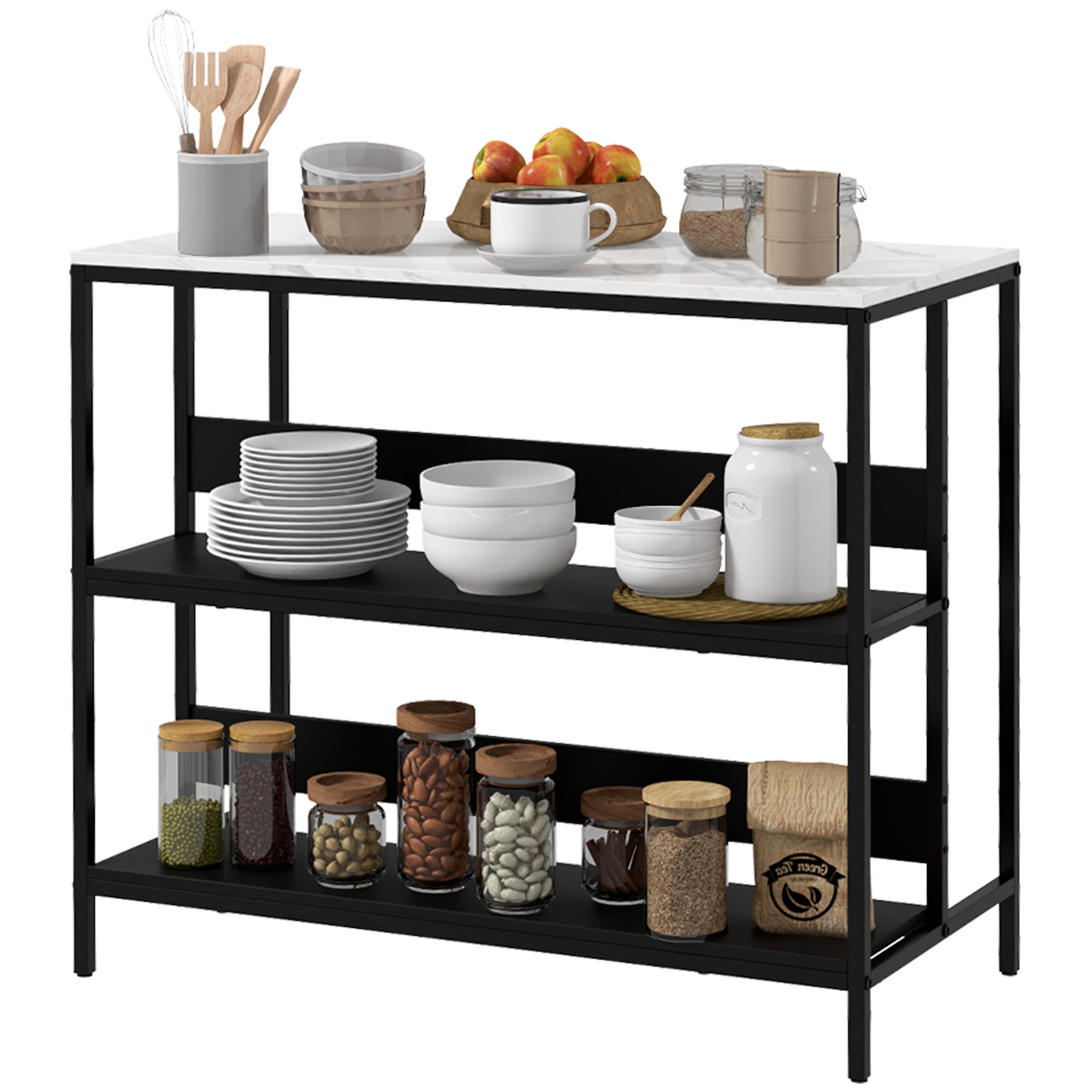 Homcom kitchen island with shelves, marble effect and metal structure, 100x50x90cm, black and white - Borgè