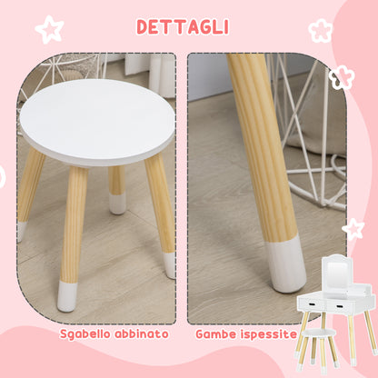 Children's Dressing Table Set with Makeup Table and Stool, Mirror and 2 Drawers, White and Wood Color