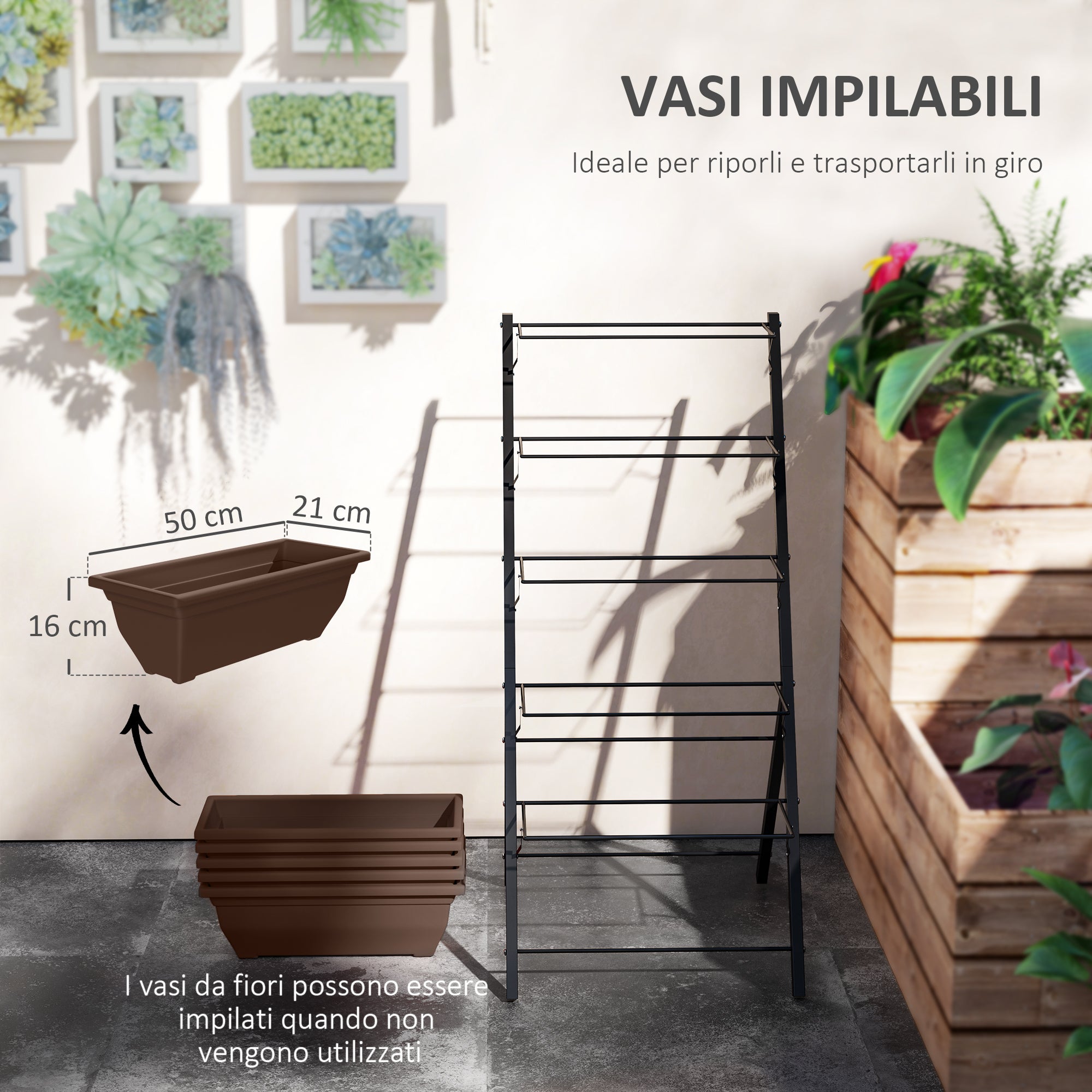 Outsunny 5-Tier Vertical Plant Stand with 5 Pots with Drainage Holes, Steel and PE, 55x63x120 cm, Brown