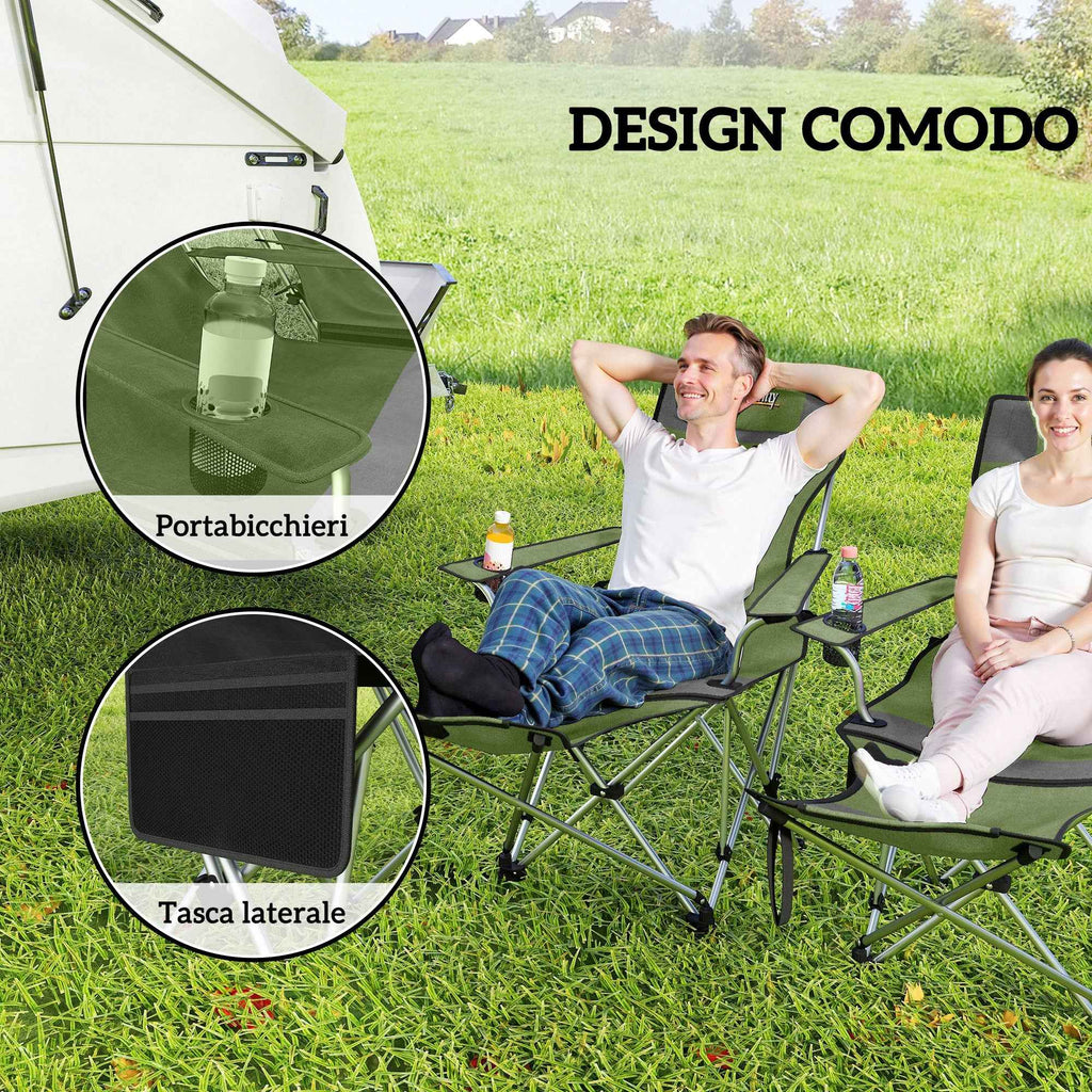 Outsunny Set of 2 Folding Camping Chairs with Footrest and Cup Holder, 82x50/100x88 cm, Green