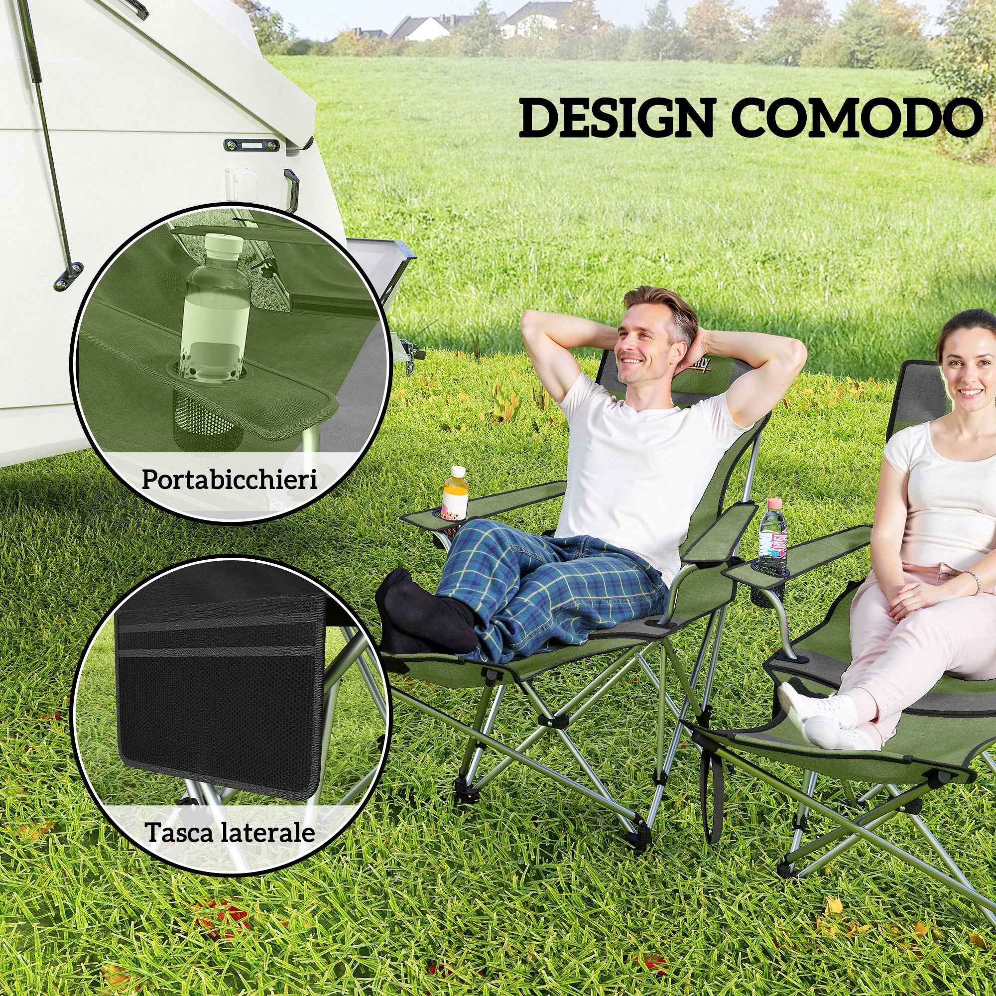 Outsunny Set of 2 Folding Camping Chairs with Footrest and Cup Holder, 82x50/100x88 cm, Green