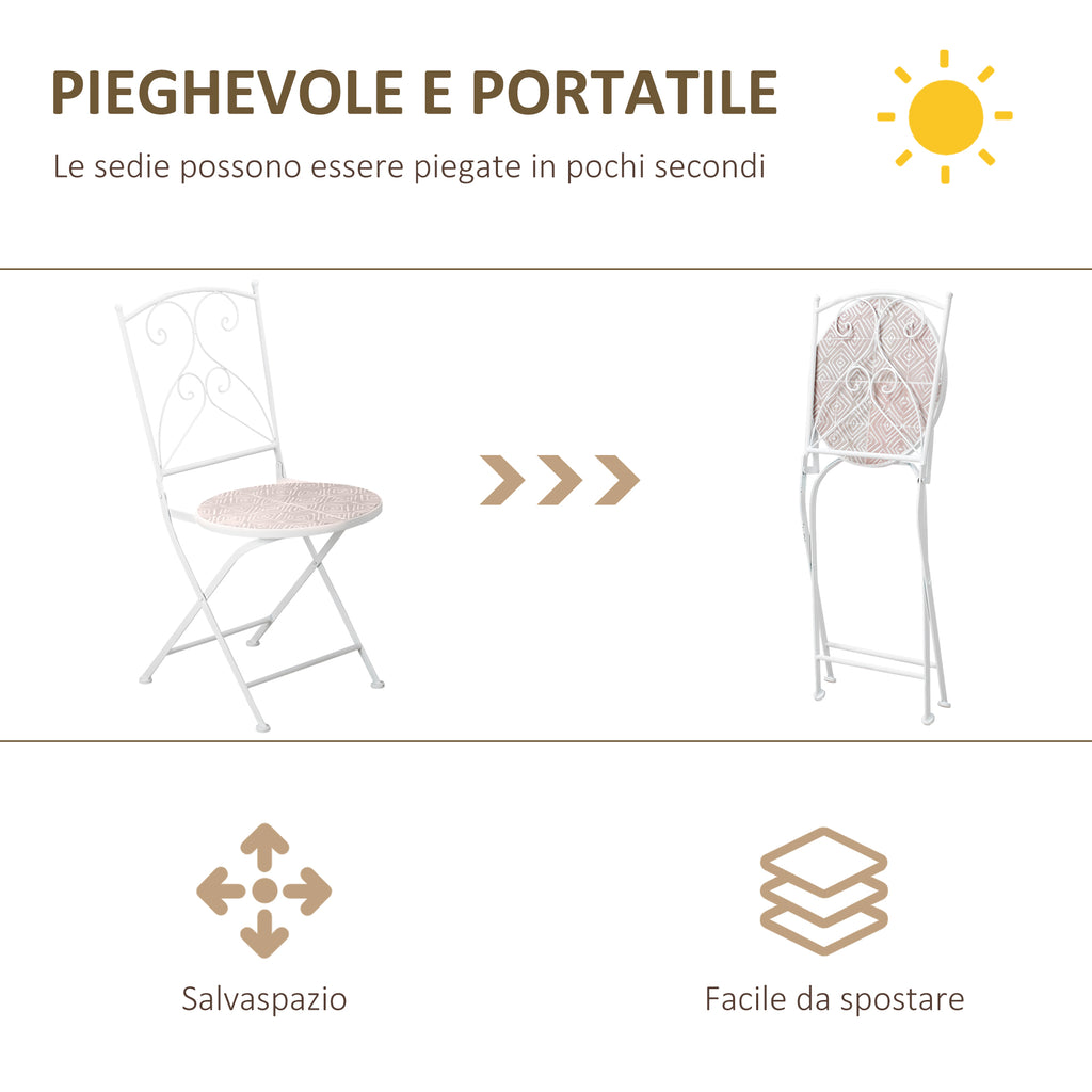 3-Piece Garden Set with 2 Folding Chairs and 1 Mosaic Table, White