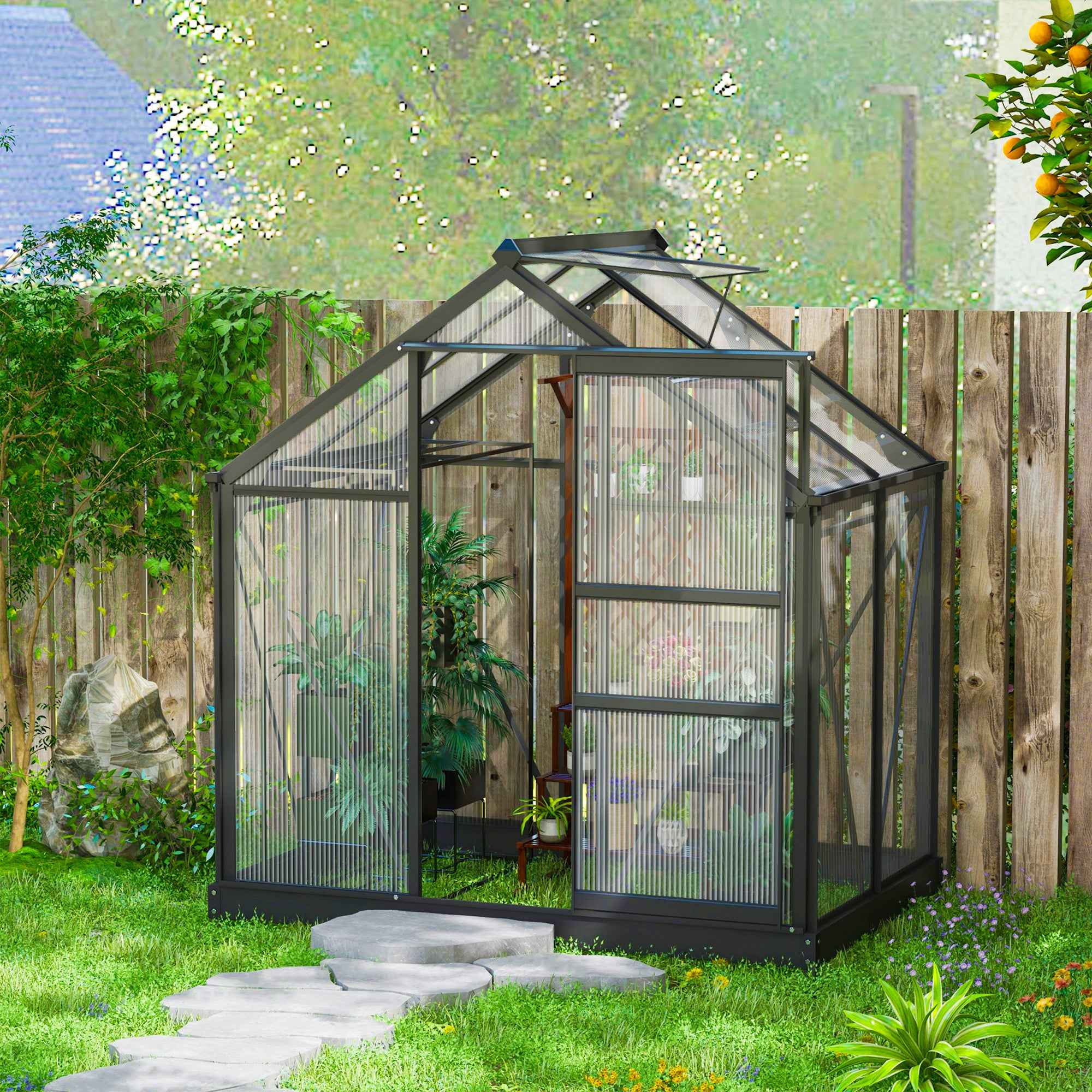 Outsunny Polycarbonate and Aluminum Garden Greenhouse with Sliding Door and Window, 190x132x201 cm, Gray