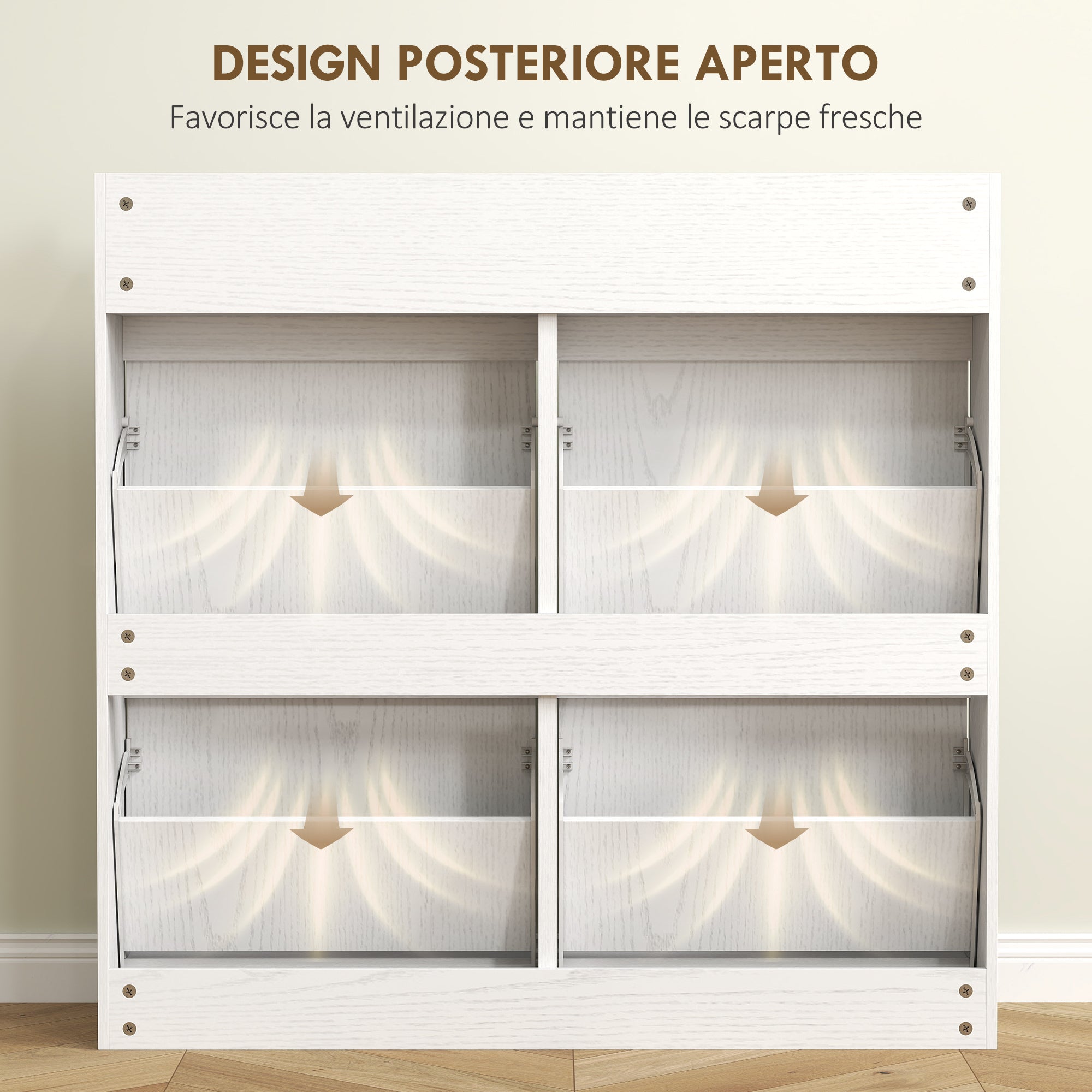 Slim Wooden Shoe Rack with 4 Flap Drawers and 2 Sliding Drawers, 98x19.2x95.3 cm, White
