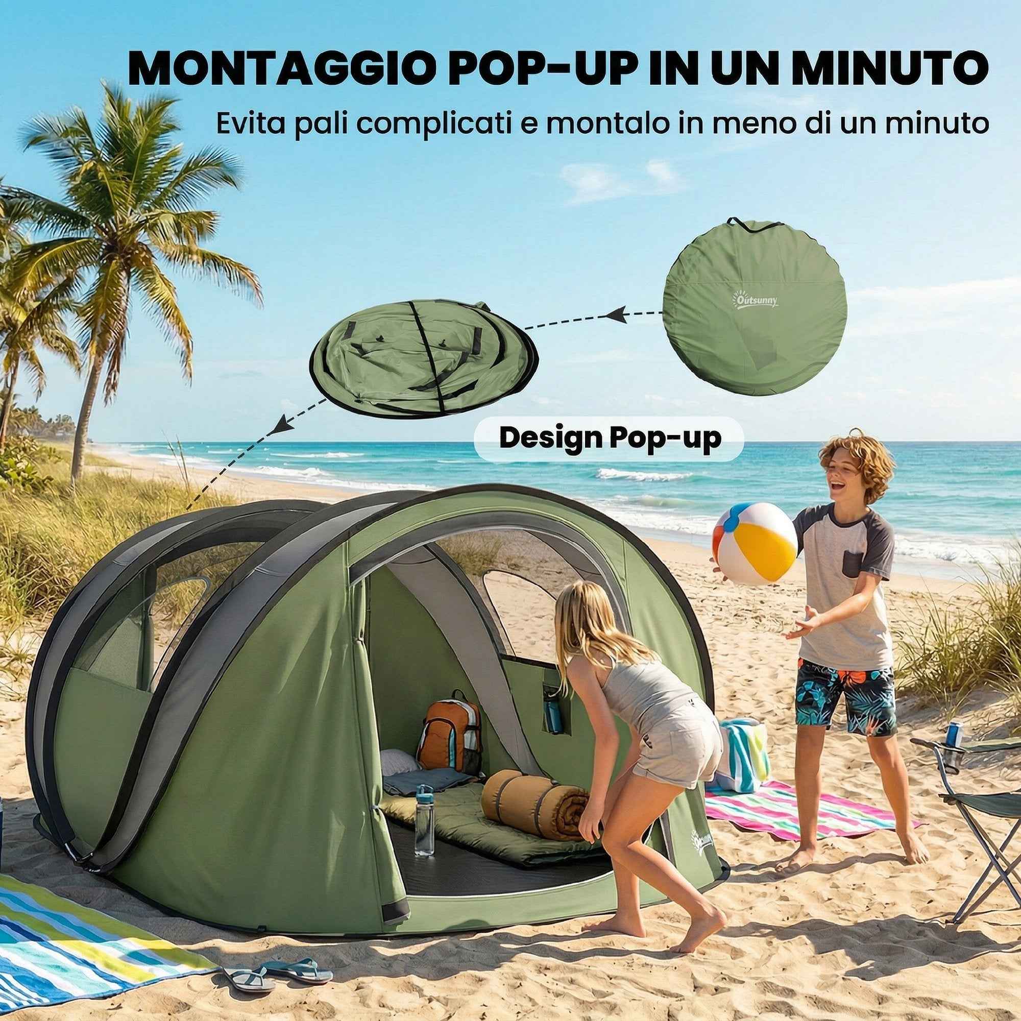 Outsunny Pop-Up Camping Tent for 2-3 People, 2 Doors, 2 Windows, Waterproof, Green