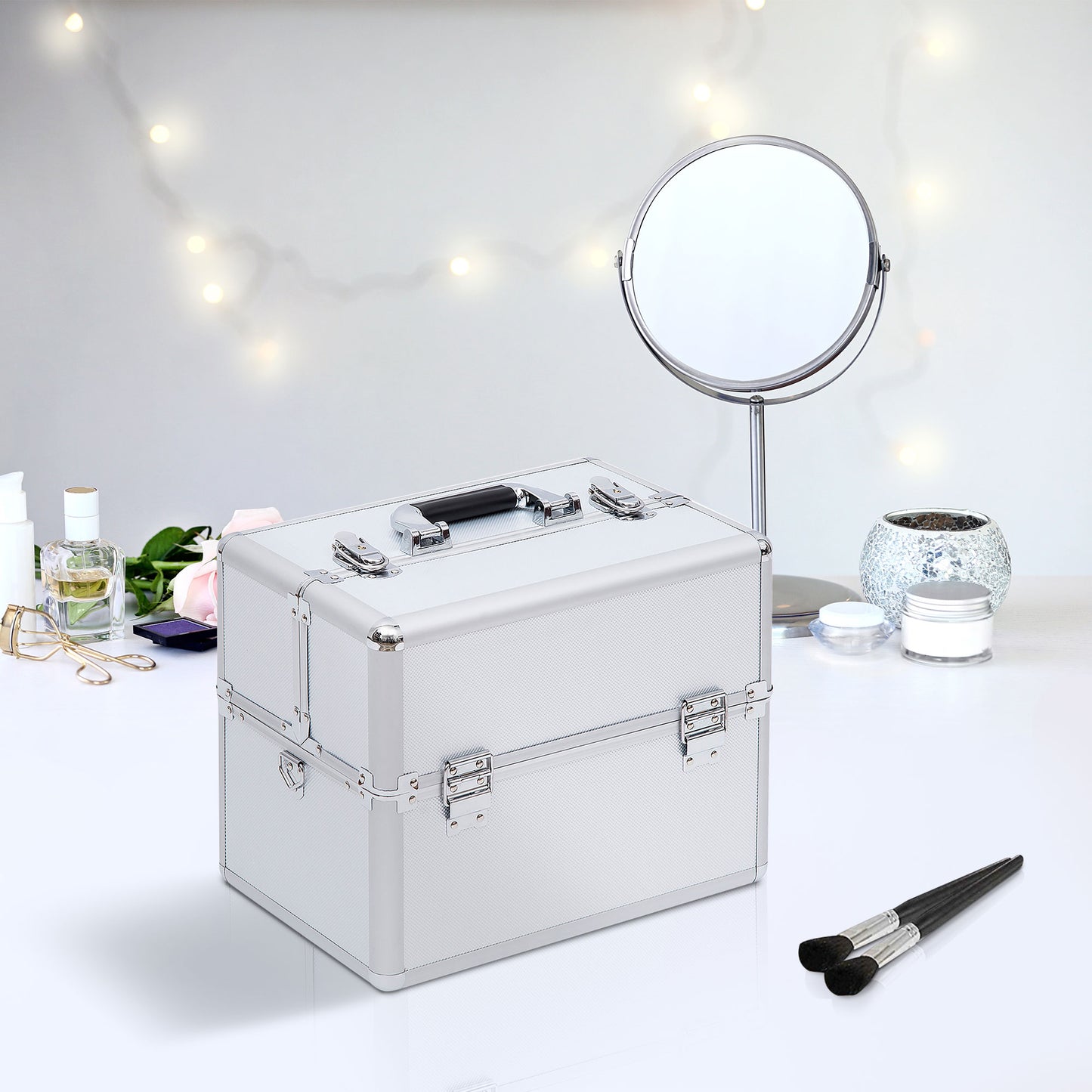 Makeup Case with 2 Locks, Aluminum, 36.5x24x29 cm, Silver