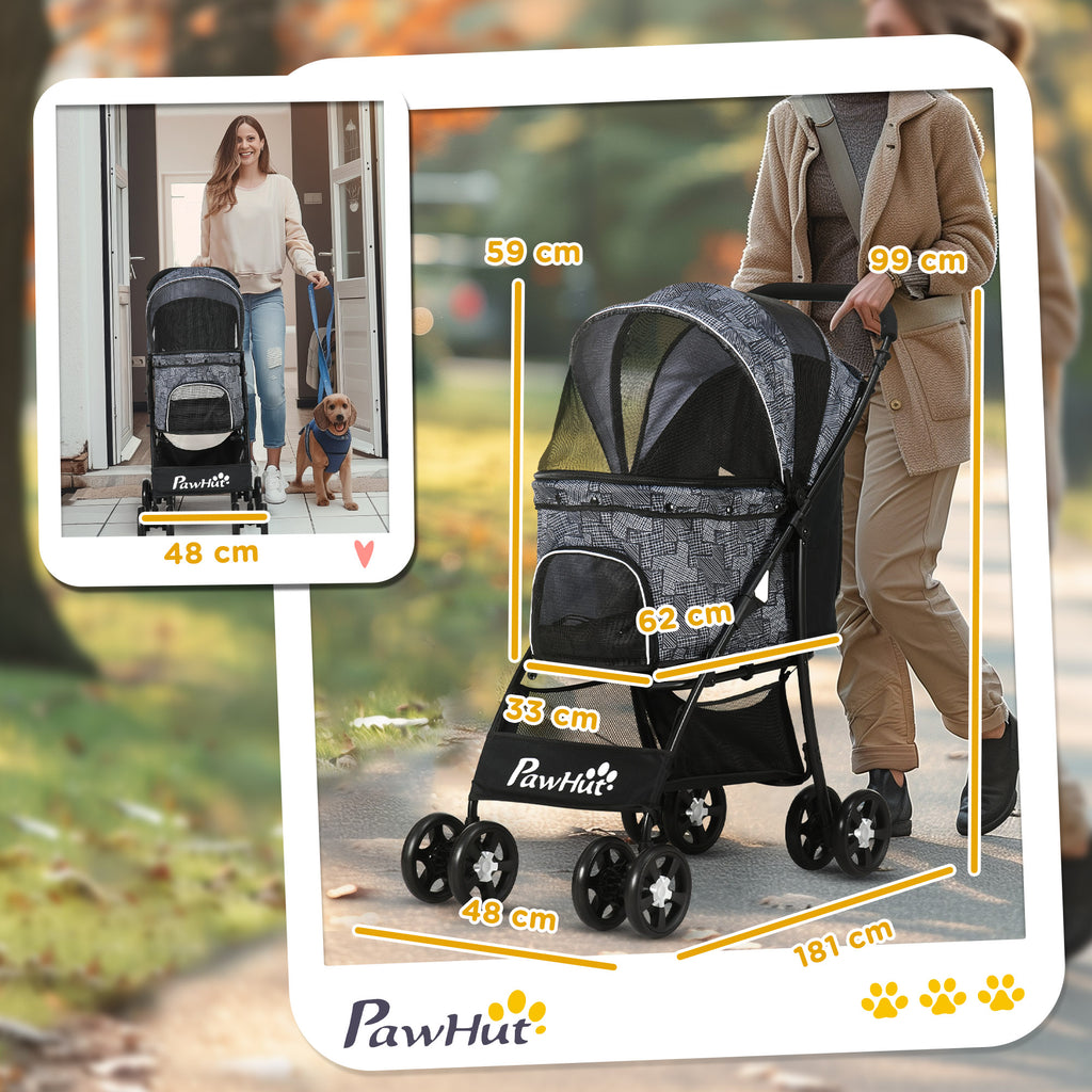 Dog Stroller with Basket, Cushion and 2 Leashes, Steel and Oxford Fabric, 81x48x99 cm, Black and Grey