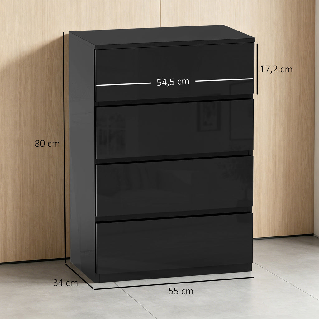 HOMCOM 4-Drawer Wooden Chest of Drawers, Modern and Multipurpose Bedroom Dresser, 55x33x80 cm, Black