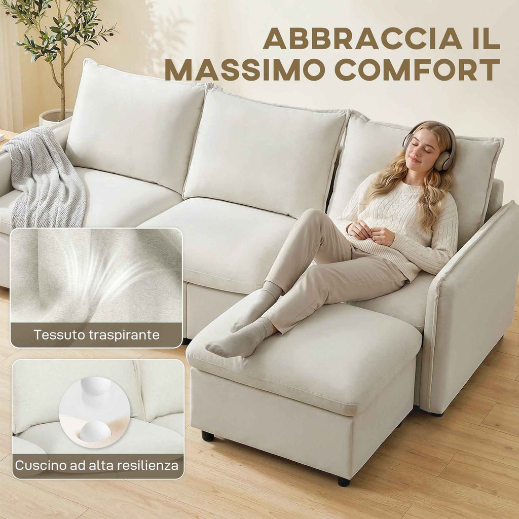 3-Seater Modular Corner Sofa in Breathable Leather-Effect Fabric with Storage, Footrest, Cushions, Cream