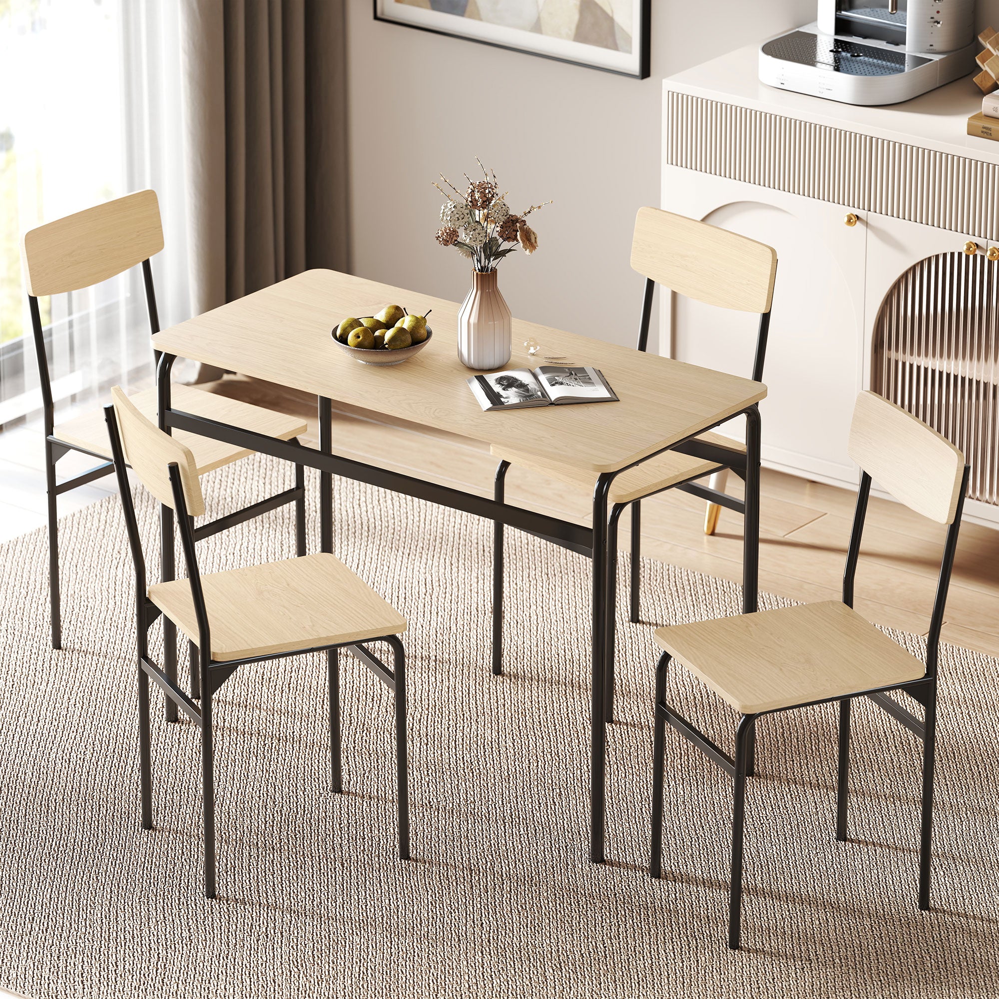 5-Piece Dining Set with Rectangular Table and 4 Dining Chairs, Wood and Metal, Black and Wood Color