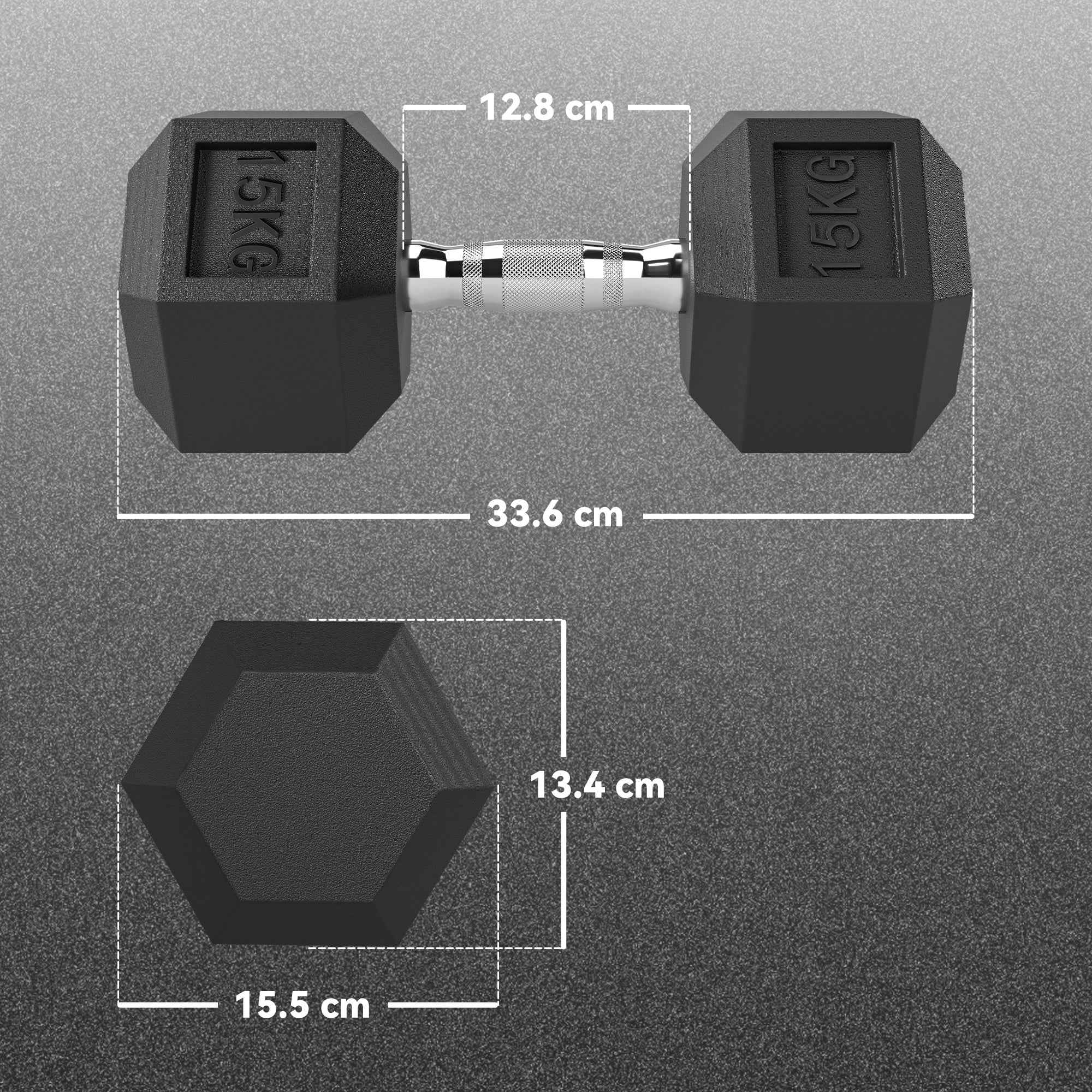 HOMCOM 2-Piece 15kg Hexagonal Fitness Dumbbell Set with Non-Slip Grip, Steel and Rubber, Ø15.5 x 33.6 cm, Black