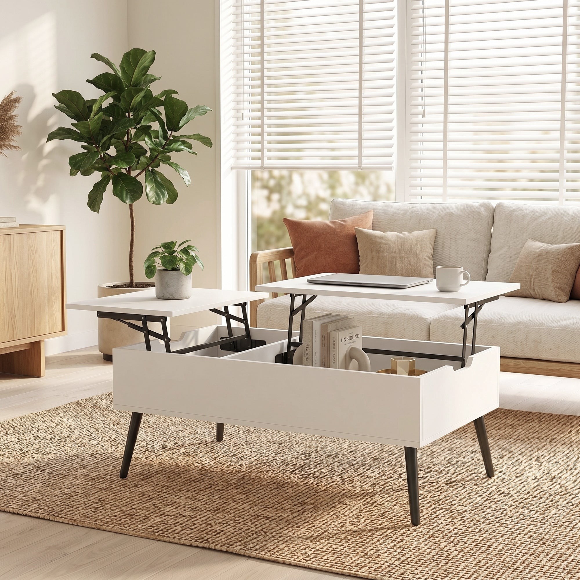 HOMCOM Lift-Up Coffee Table with Double Top and Hidden Storage, White for Living Room