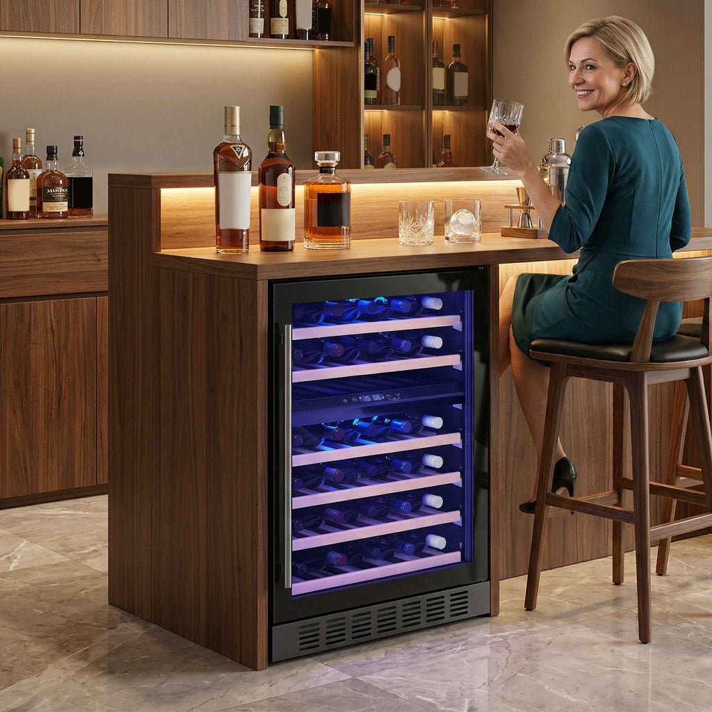 HOMCOM Wine Cooler, Dual Temperature, 5–18°C, 46 Bottles, 131L, Triple Tempered Glass Door, Black
