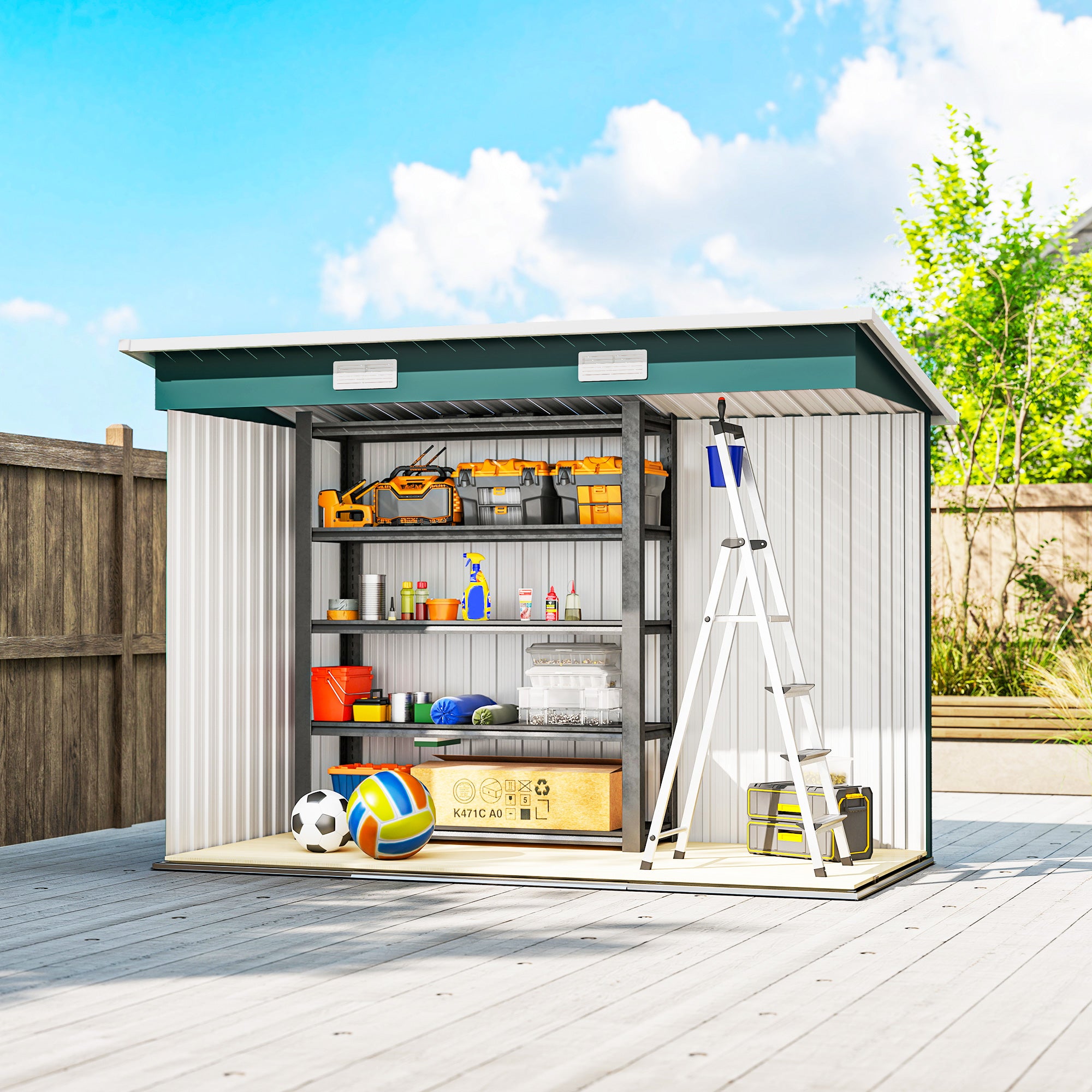 Outsunny Steel Garden Shed 272 x 134 cm with Double Sliding Doors and 2 Vents, Green