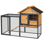 Rabbit Cage with House, Ramp and Open Area, Light Yellow Wooden and Metal Rabbit Hutch, 122x63x92cm - Borge' Group Limited