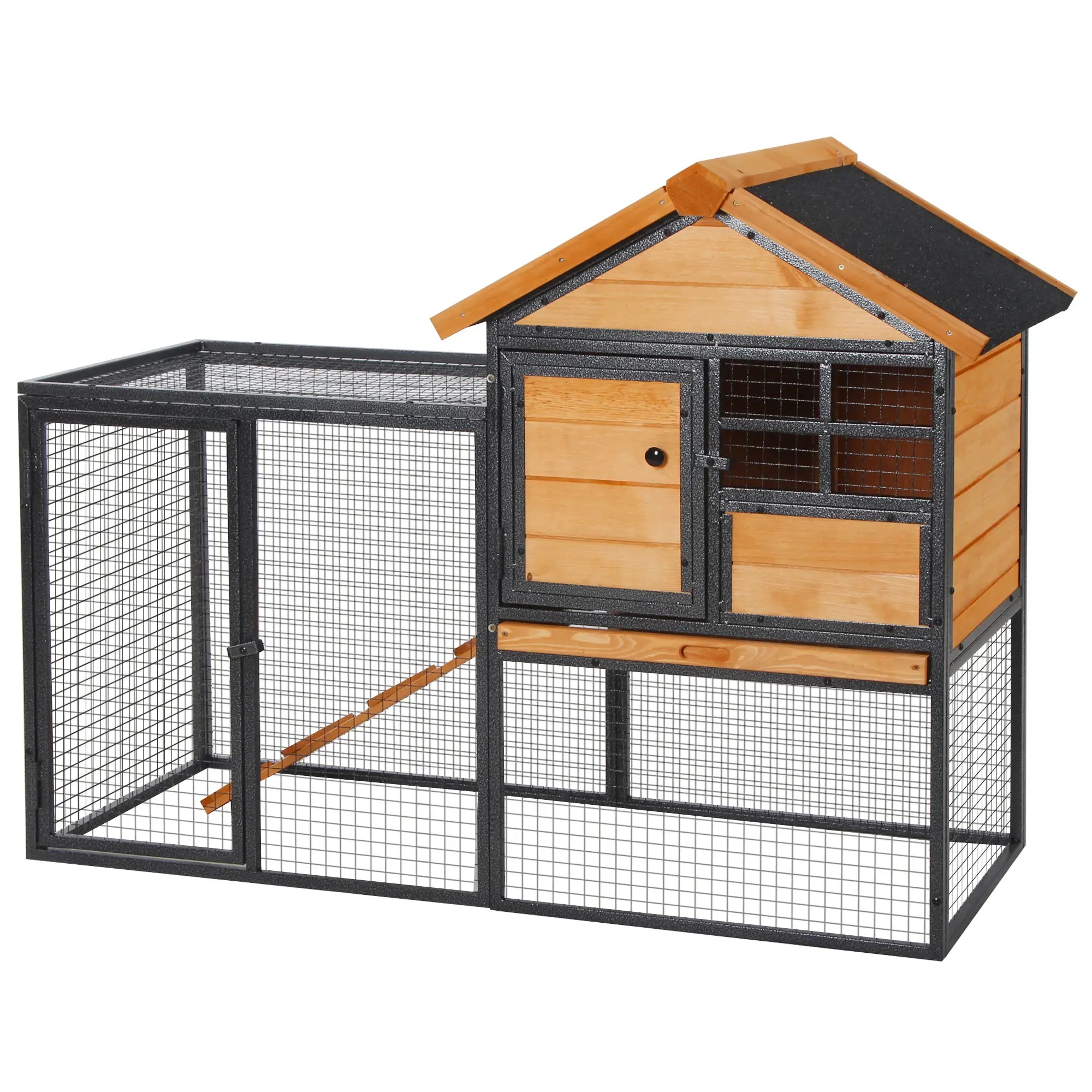Rabbit Cage with House, Ramp and Open Area, Light Yellow Wooden and Metal Rabbit Hutch, 122x63x92cm - Borge' Group Limited