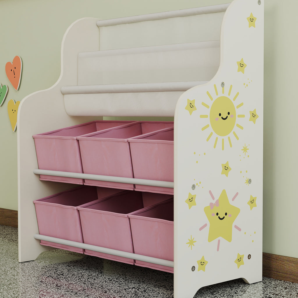 Toy Storage Shelf with 6 Fabric Drawers and 2-Tier Bookcase, Wood and Steel, 63x30x71 cm, Pink