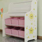 Toy Storage Shelf with 6 Fabric Drawers and 2-Tier Bookcase, Wood and Steel, 63x30x71 cm, Pink