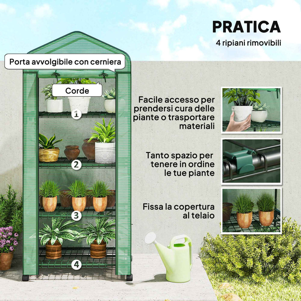 Outsunny 4-Tier Balcony Greenhouse with 4 Wheels and Roll-Up Entrance, Steel and PE, 69x50x165 cm, Green