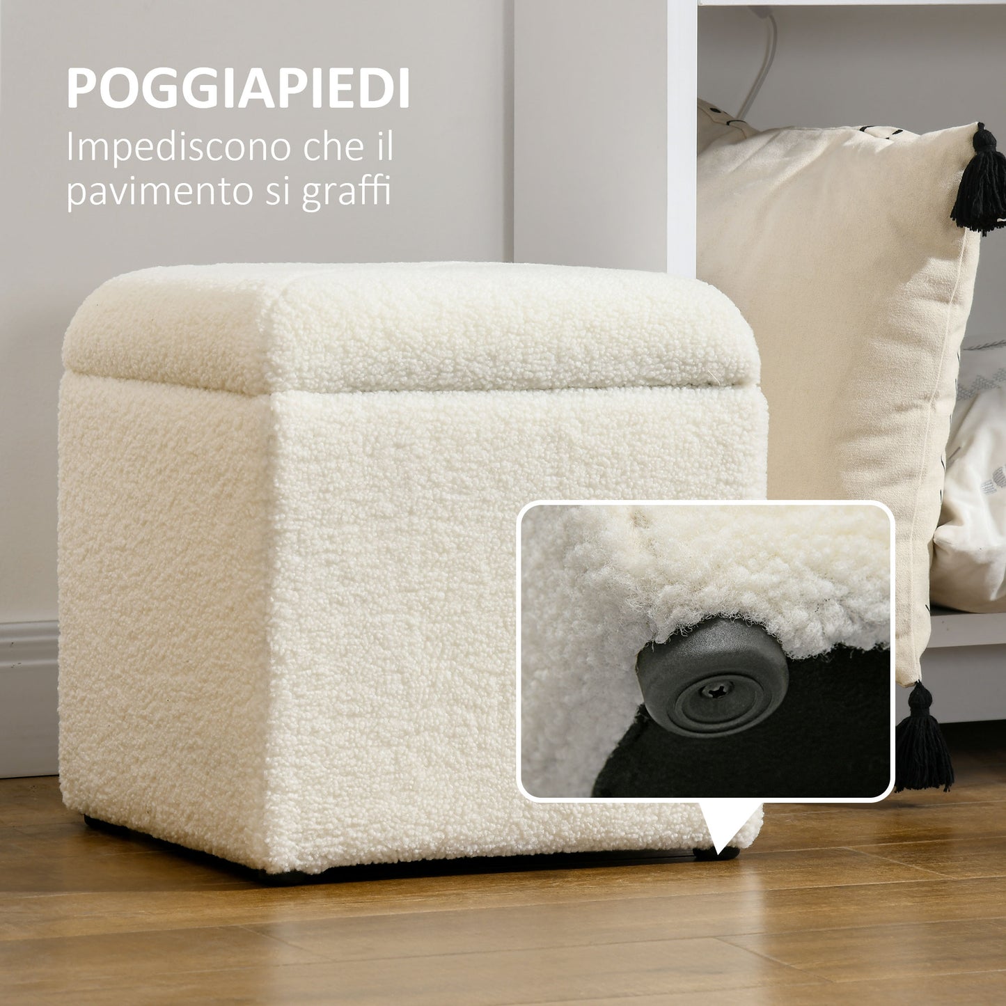 Soft Teddy Fabric Padded Storage Pouf for Living Room and Bedroom, 39x39x39cm, Cream