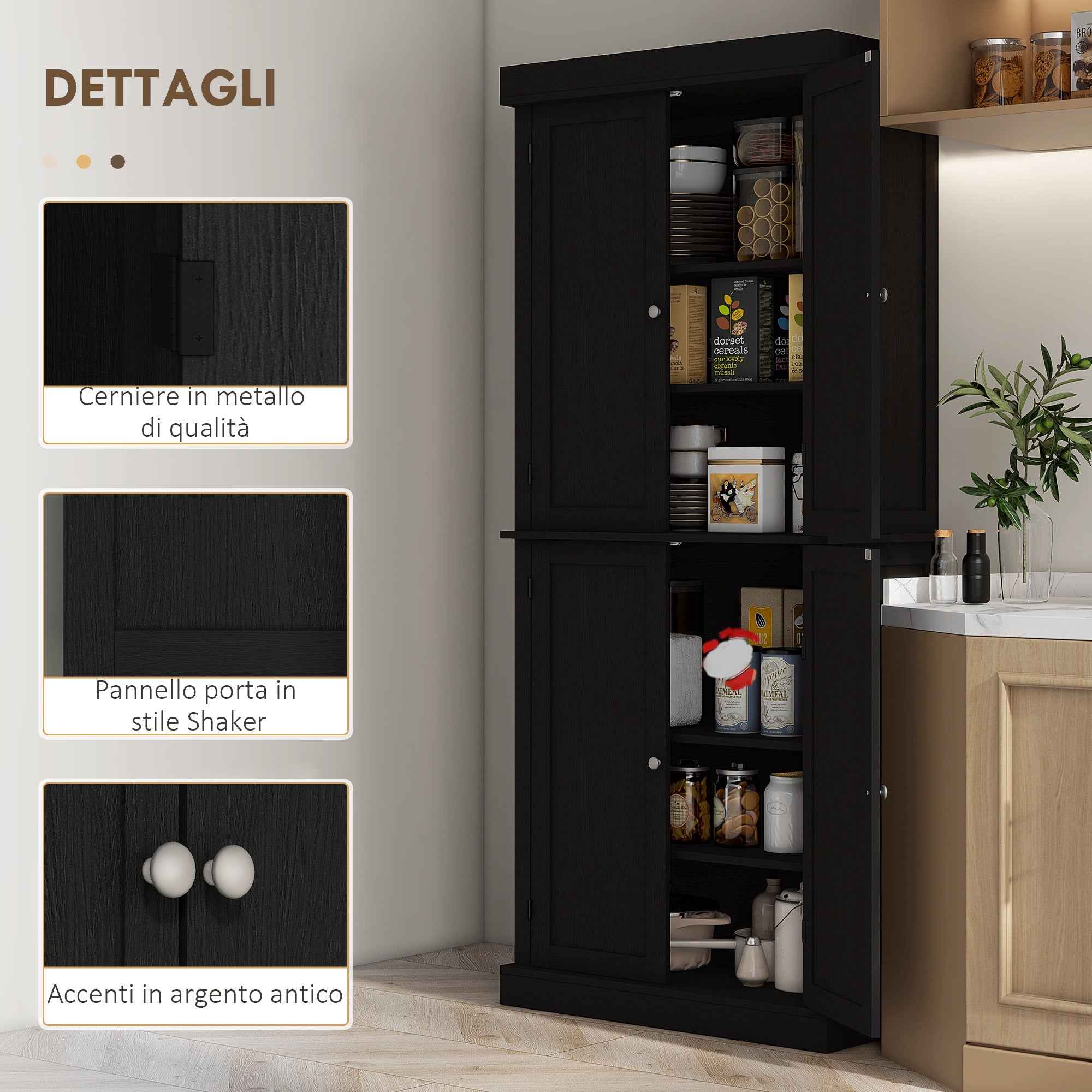 HOMCOM Tall Kitchen Cabinet with 6 Adjustable Shelves and 4 Wooden Doors, 76x40.5x184 cm, Black