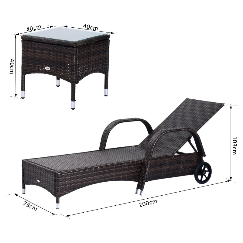 Double set in rattan 2 reclining deck chairs padded with wheels and table, brown - Borge' Group Limited