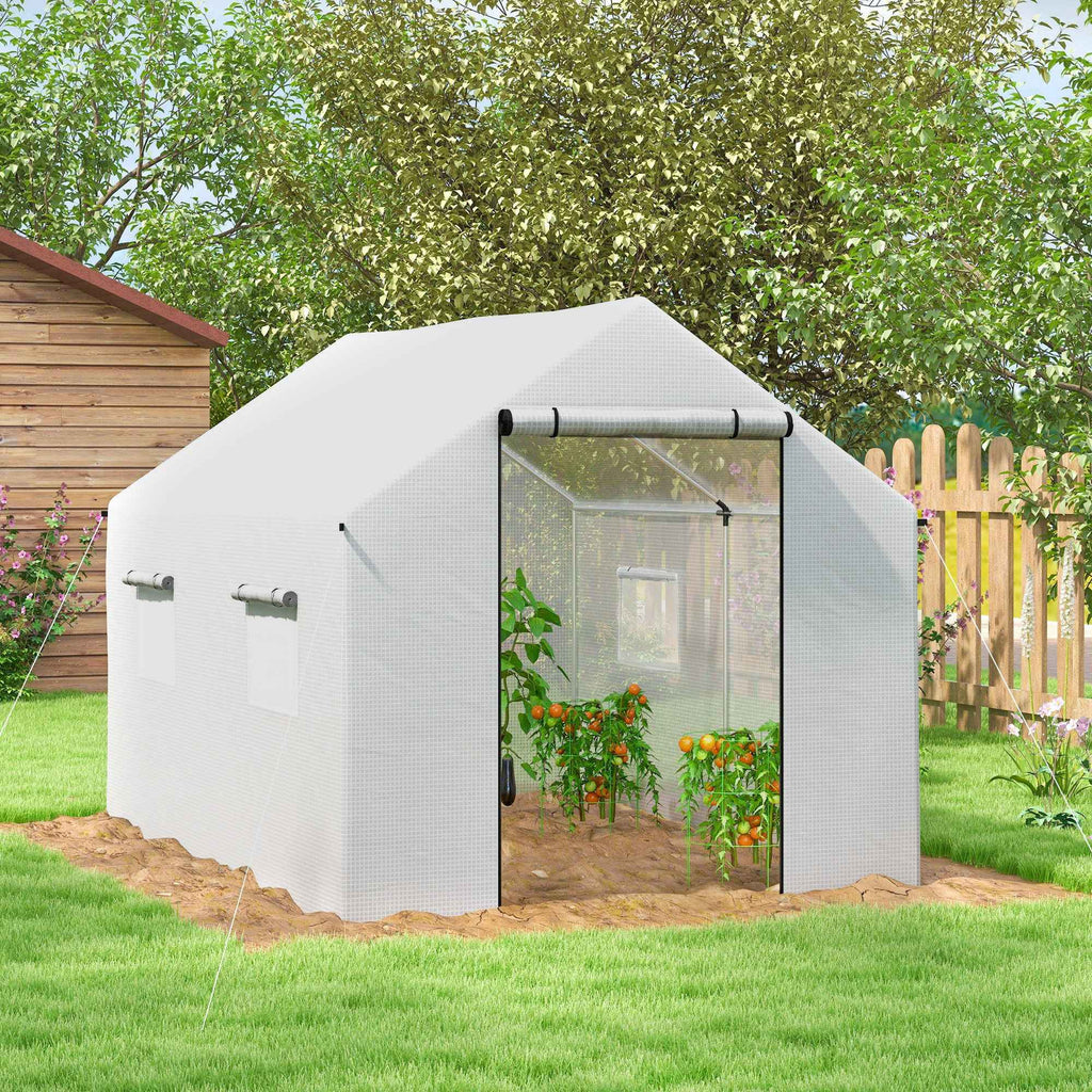Outsunny 2x3x2 m Tunnel Greenhouse with Roller Doors and Windows and Pointed Roof, in Steel and PE, White