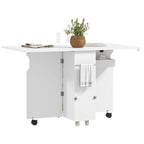 HOMCOM Folding Leaf Table with 3-Level Shelves, Box and Wheels, in MDF, 130x80x76.5 cm, White - Borgè