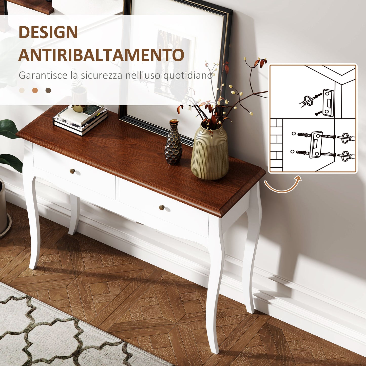 Modern Console Table with 2 Drawers in Wood, 100x35x76.5 cm, White and Dark Brown