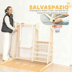 AIYAPLAY 5-in-1 Folding Climbing Game with Slide, 2 Walls, Swing and Basketball Hoop, Wooden, 140x172.5x116.5 cm