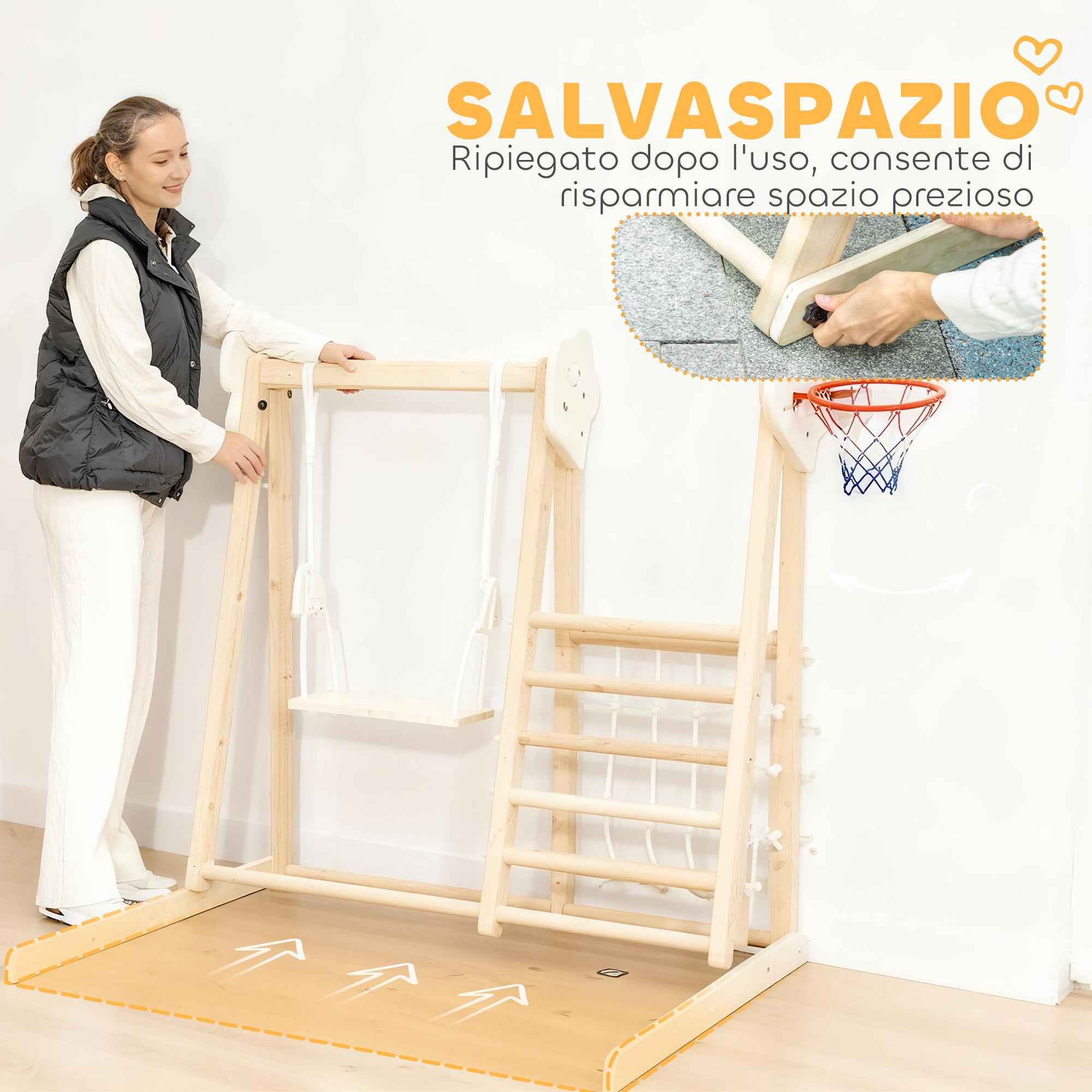 AIYAPLAY 5-in-1 Folding Climbing Game with Slide, 2 Walls, Swing and Basketball Hoop, Wooden, 140x172.5x116.5 cm