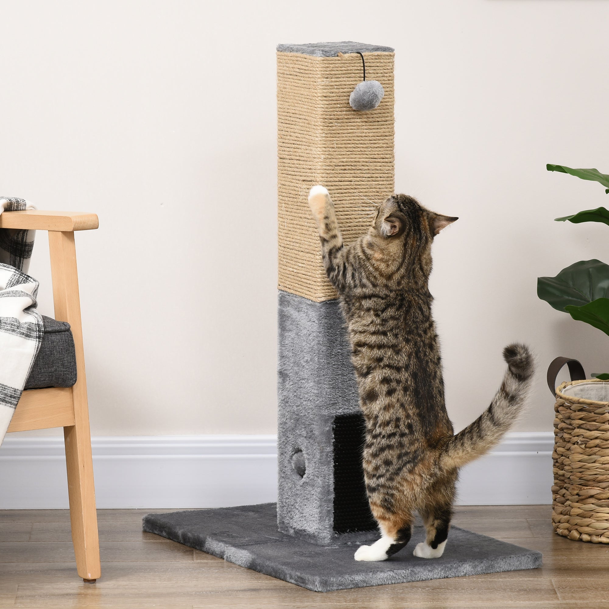 Scratching Post Tree for Cats with 2 Toy Balls and Brush, in Wood, Jute and Plush, 59.5x39x79 cm, Gray