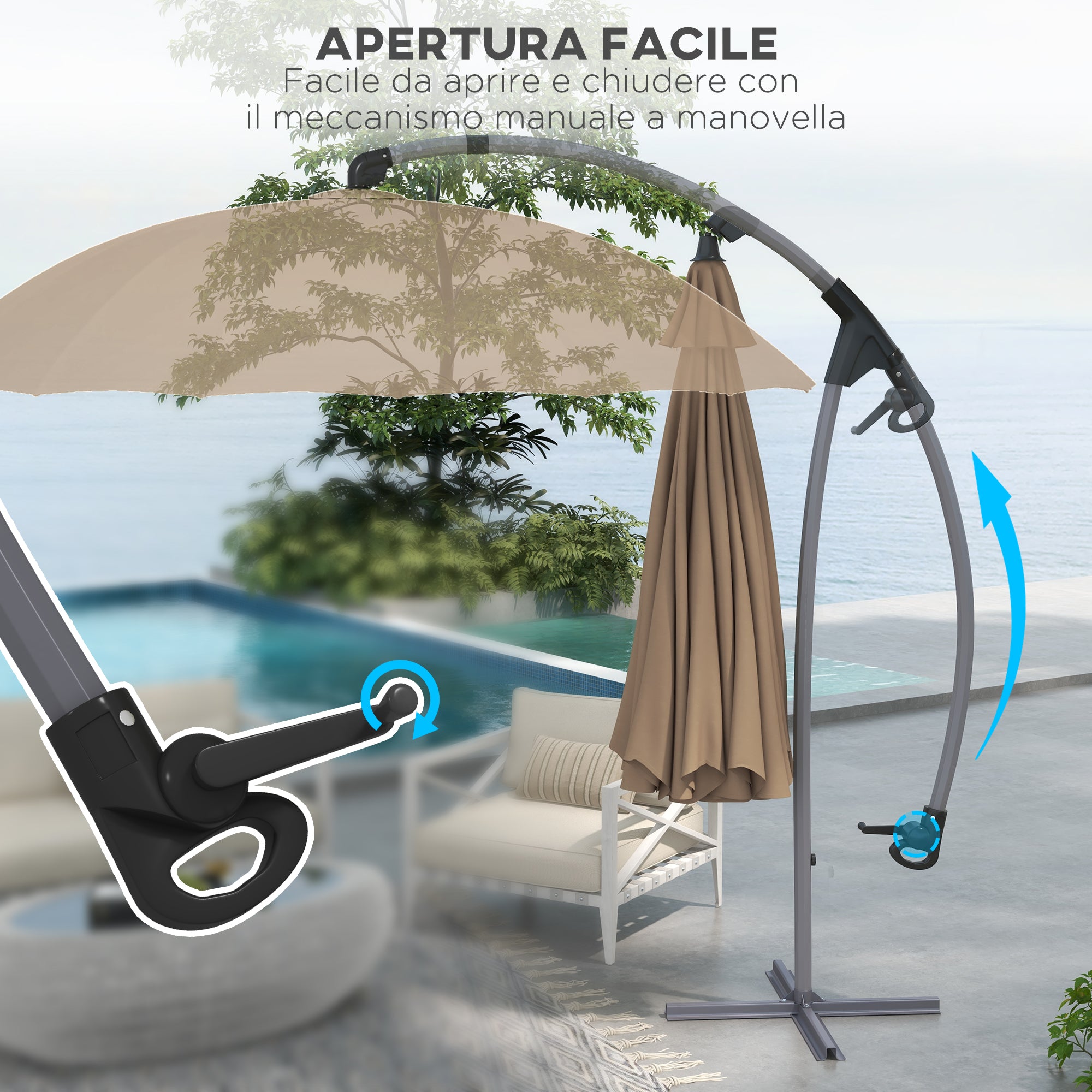 Decentralized Garden Umbrella 2.7m with Crank Opening and 16 Fiberglass Ribs, Khaki - Borgè