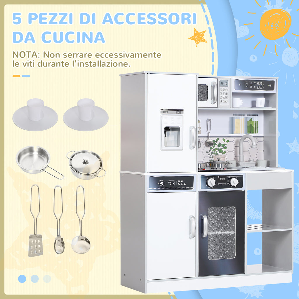 Wooden Toy Kitchen Set with Stove with Lights and Sounds, Sink with Water Circulation and Accessories, White