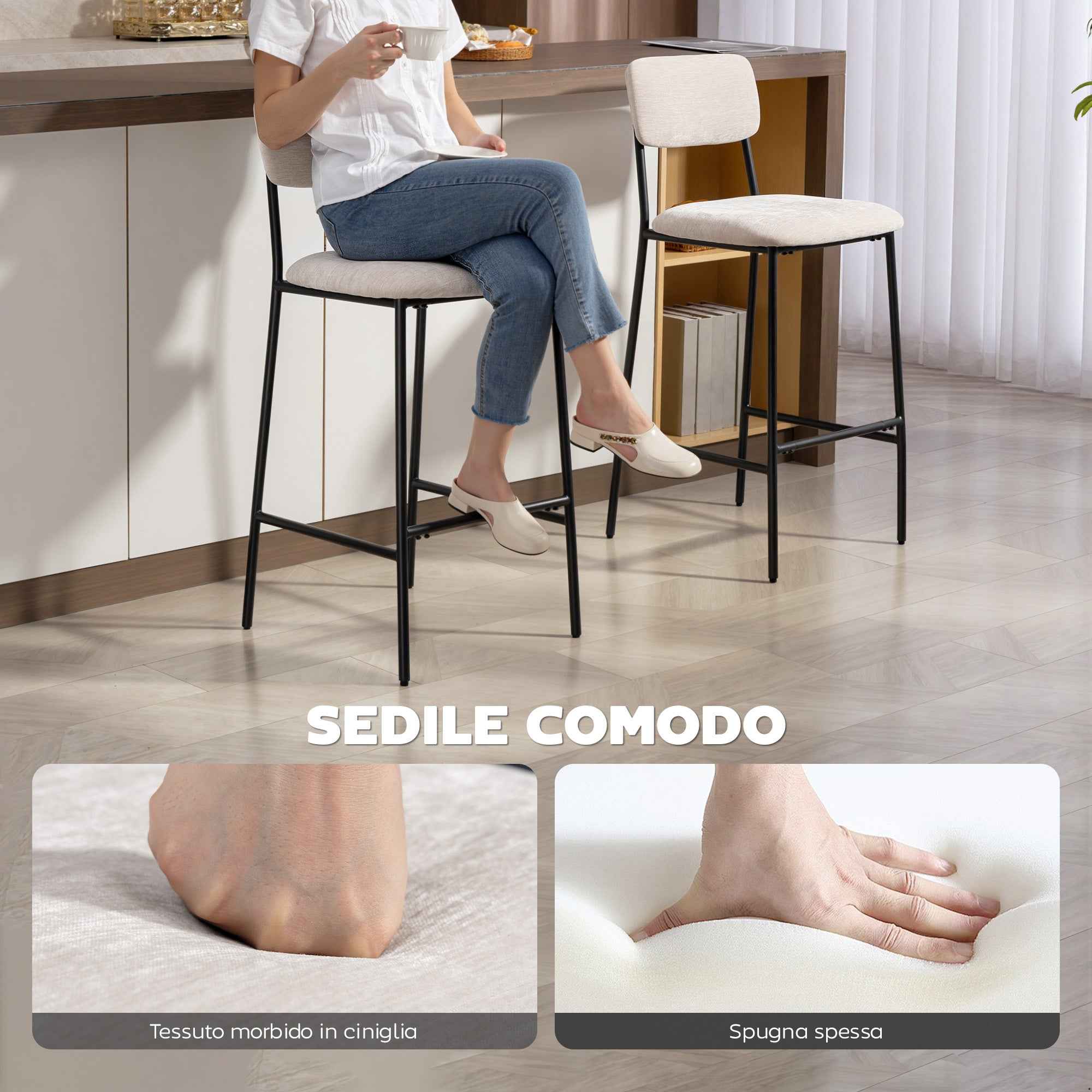 HOMCOM Set of 2 High Back Bar Stools with Footrest and Chenille Upholstery, Cream