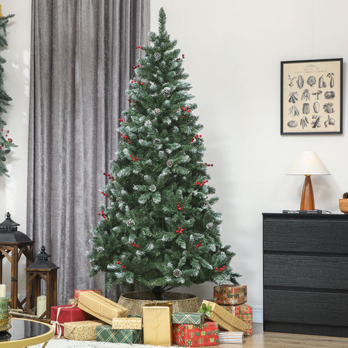 210cm Indoor Christmas Tree with 928 Branches, Pine Cones and Red Berries, Metal Base, Green