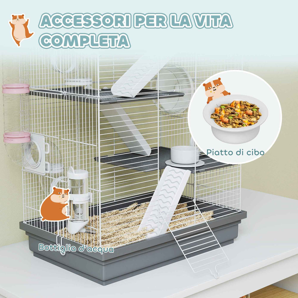 PawHut 4-Tier 16-Tube Hamster Cage with House, Ramp, and Accessories, Metal and Plastic, 47x30x70 cm, Grey