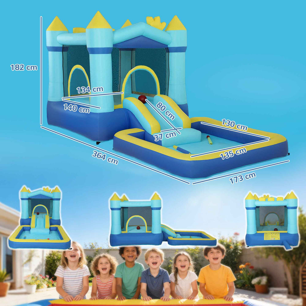 4-in-1 Inflatable Castle for Kids, Slide, Trampoline, Ball Pool/Water Playground, Basketball Hoop, Ages 3-8, Blue