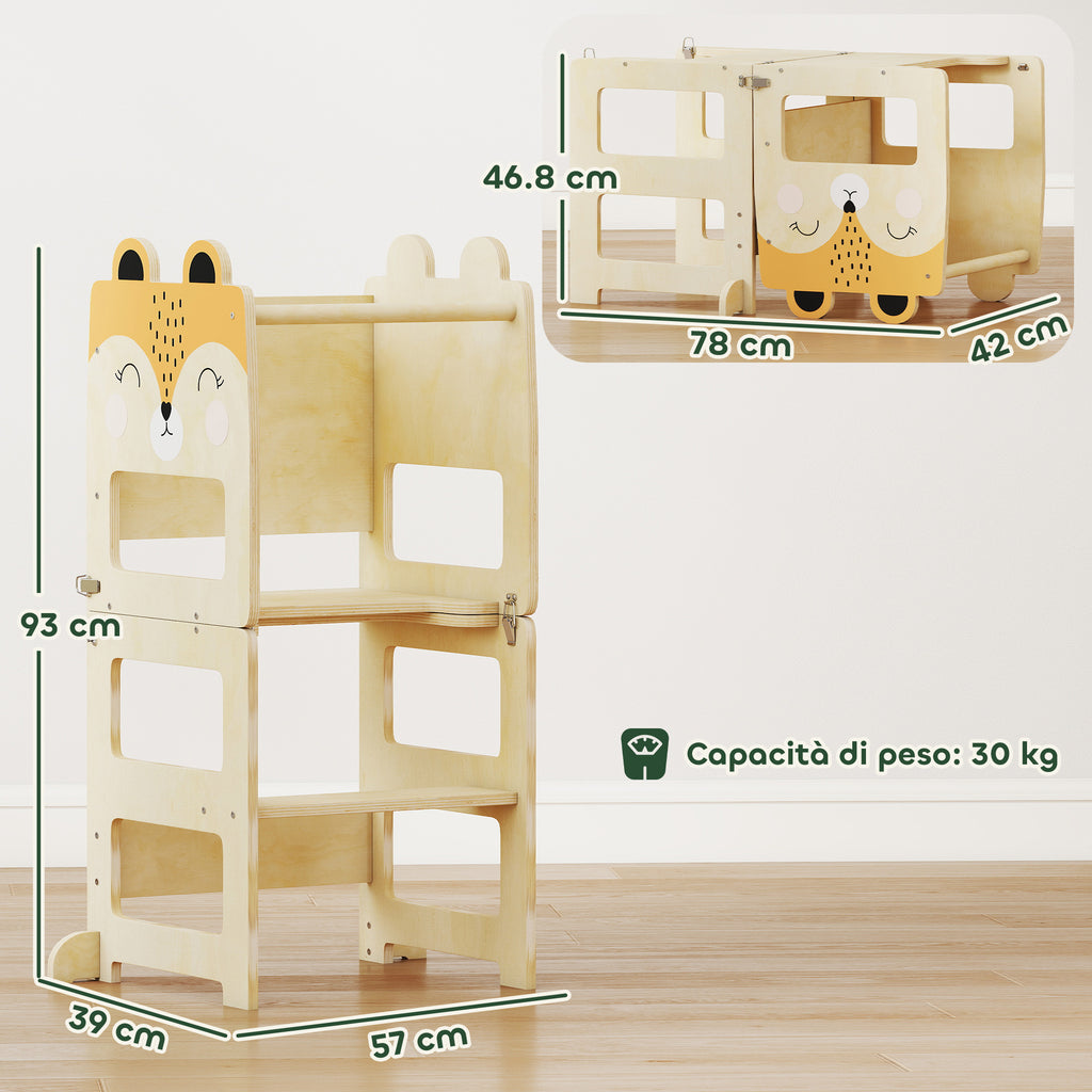 AIYAPLAY Montessori Tower for Children 2-5 Years with Blackboard and Table, Wooden, 57x39x93 cm, Wood Color