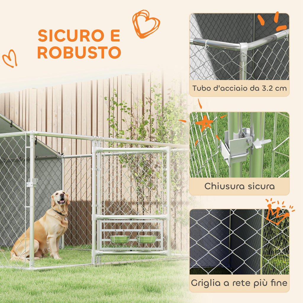 Dog Playpen with Covers and Rotating Bowls, Steel and Oxford Fabric, 4x2.3x1.5 m, Silver