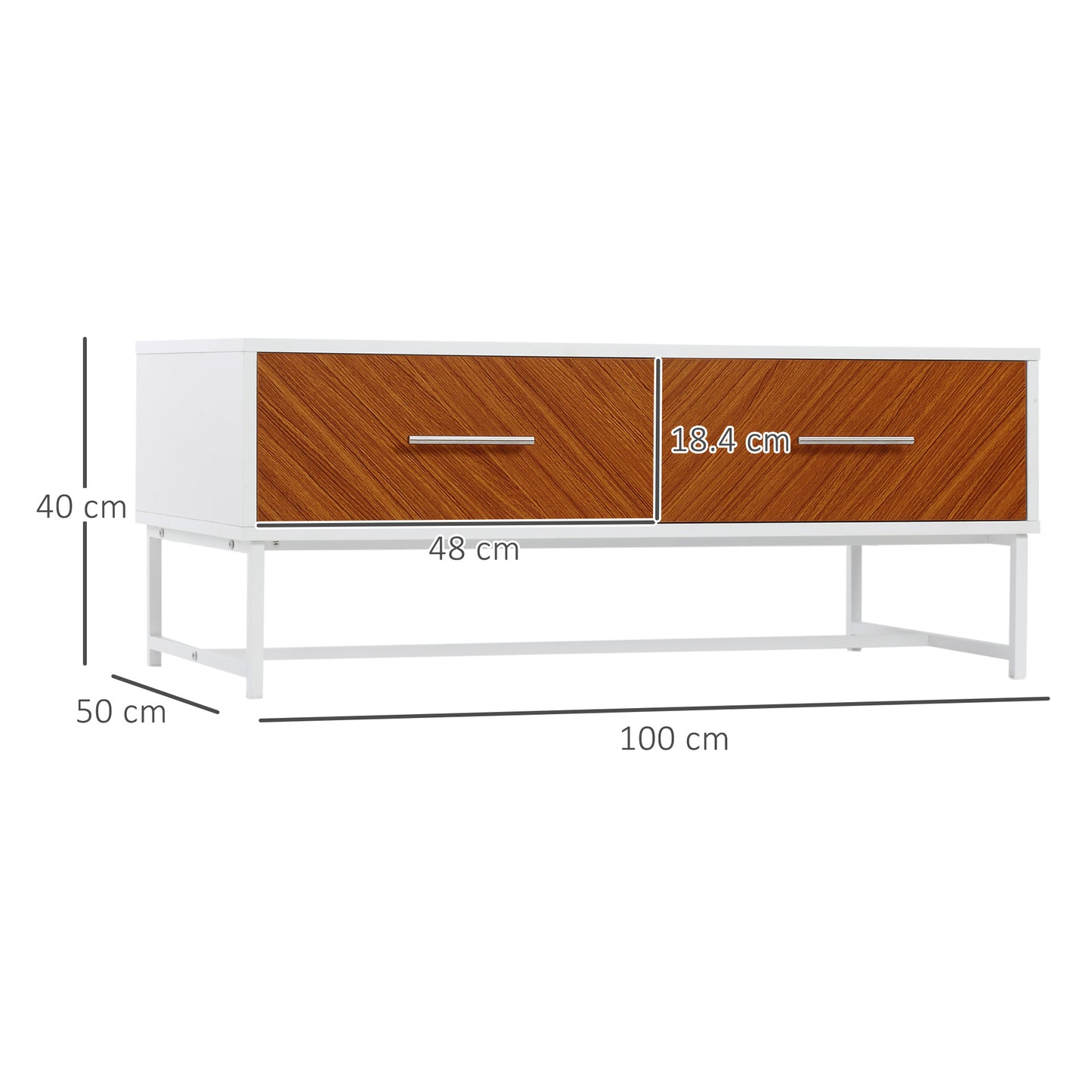 Coffee Table with 2 Drawers and Open Compartment in Wood and Metal, 100x50x40cm, White and Brown