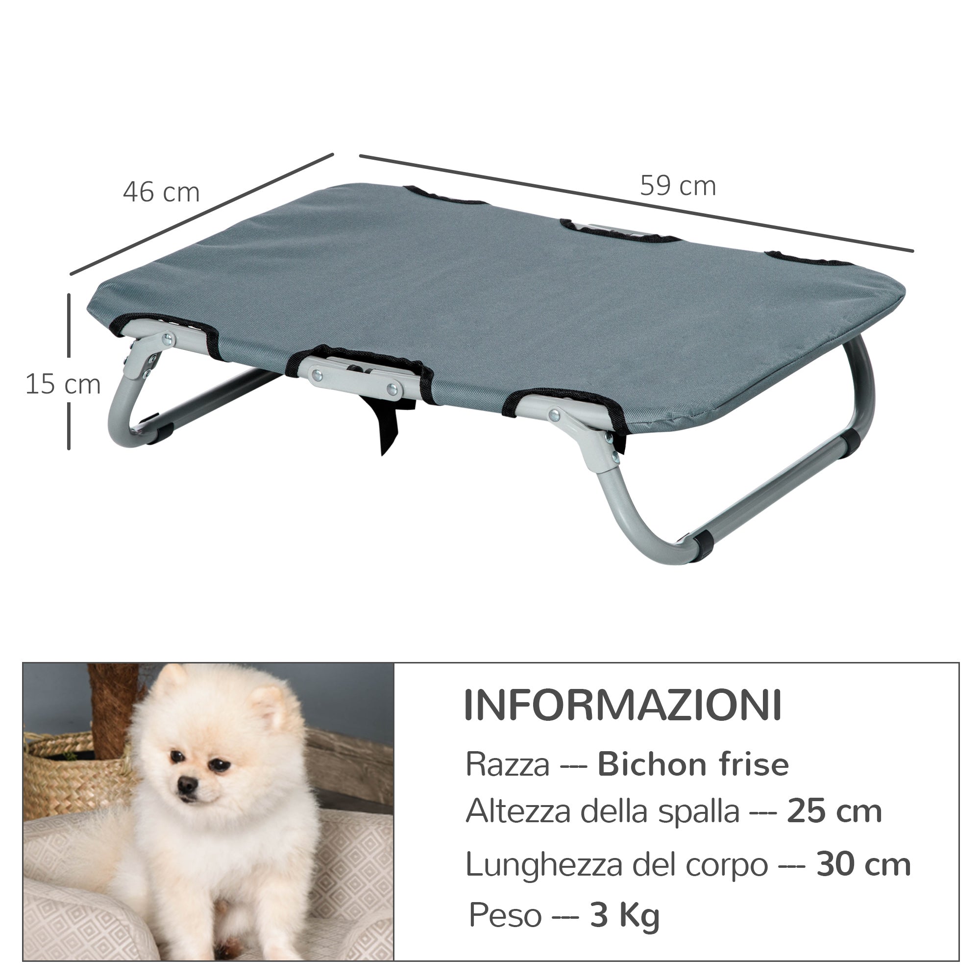 Folding Dog Bed in Steel and Oxford Fabric for Indoor and Outdoor Use, 59x46x15 cm, Grey