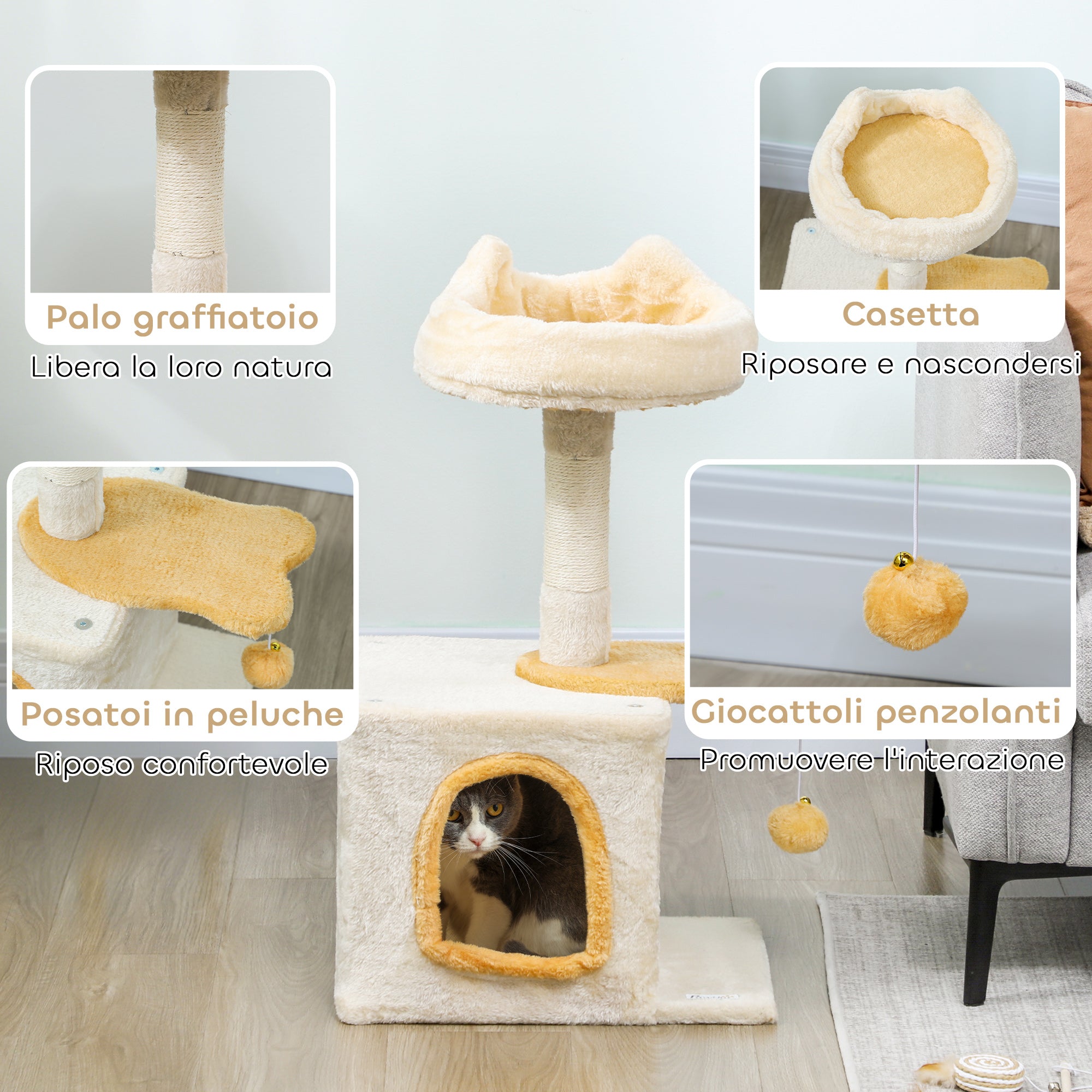 Cat Scratching Tree with Perch and House, Made of Wood, Plush and Sisal, 40x30x72 cm, Beige and Yellow