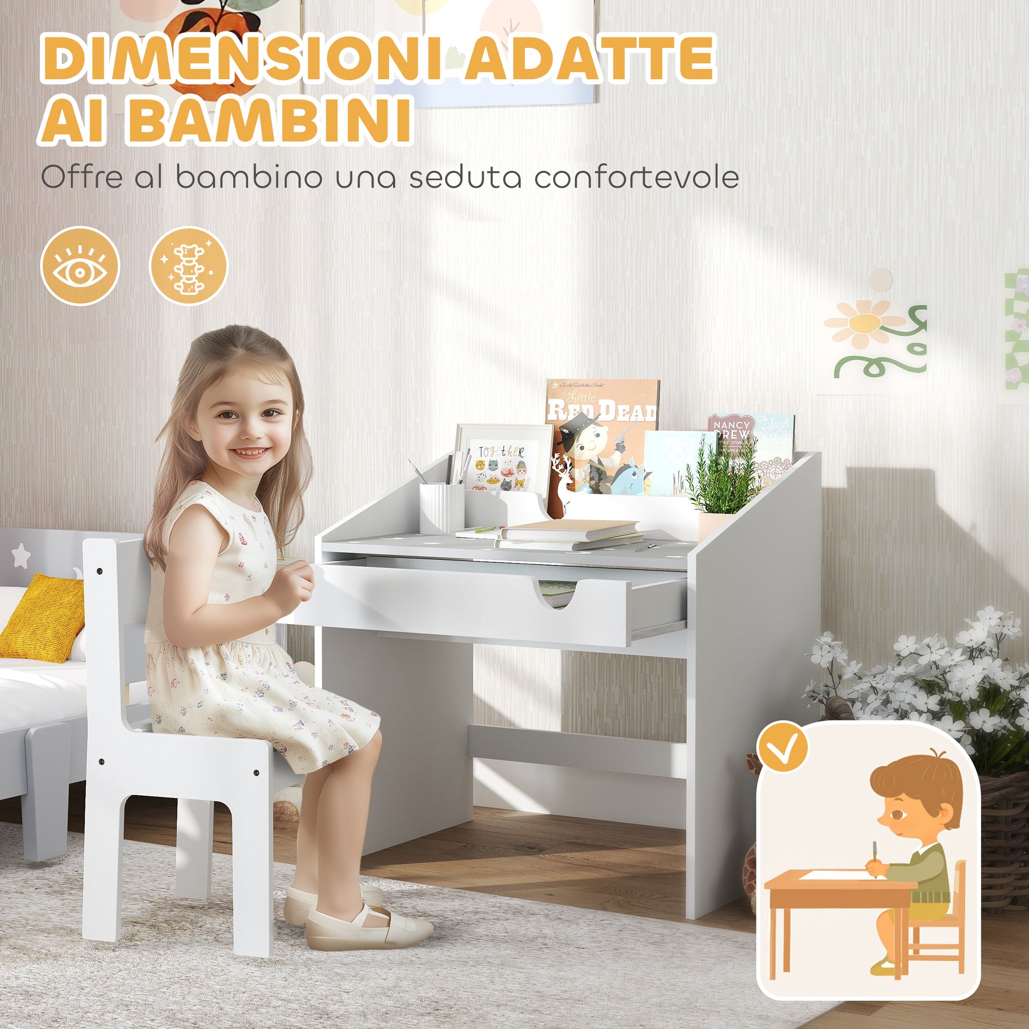Children's Chair and Table Set for 3-6 Years Old with Organizer and Pull-Out Drawer, Grey Wood